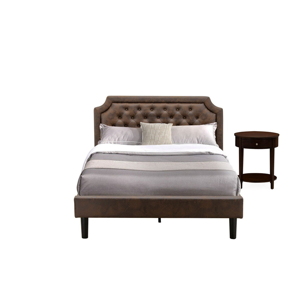 East West Furniture GB25Q-1HI0M 2-Piece Platform Bedroom Furniture Set with Button Tufted Mid Century Bed and 1 Antique Mahogany Night Stand - Dark Brown Faux Leather with Black Texture and Black Legs