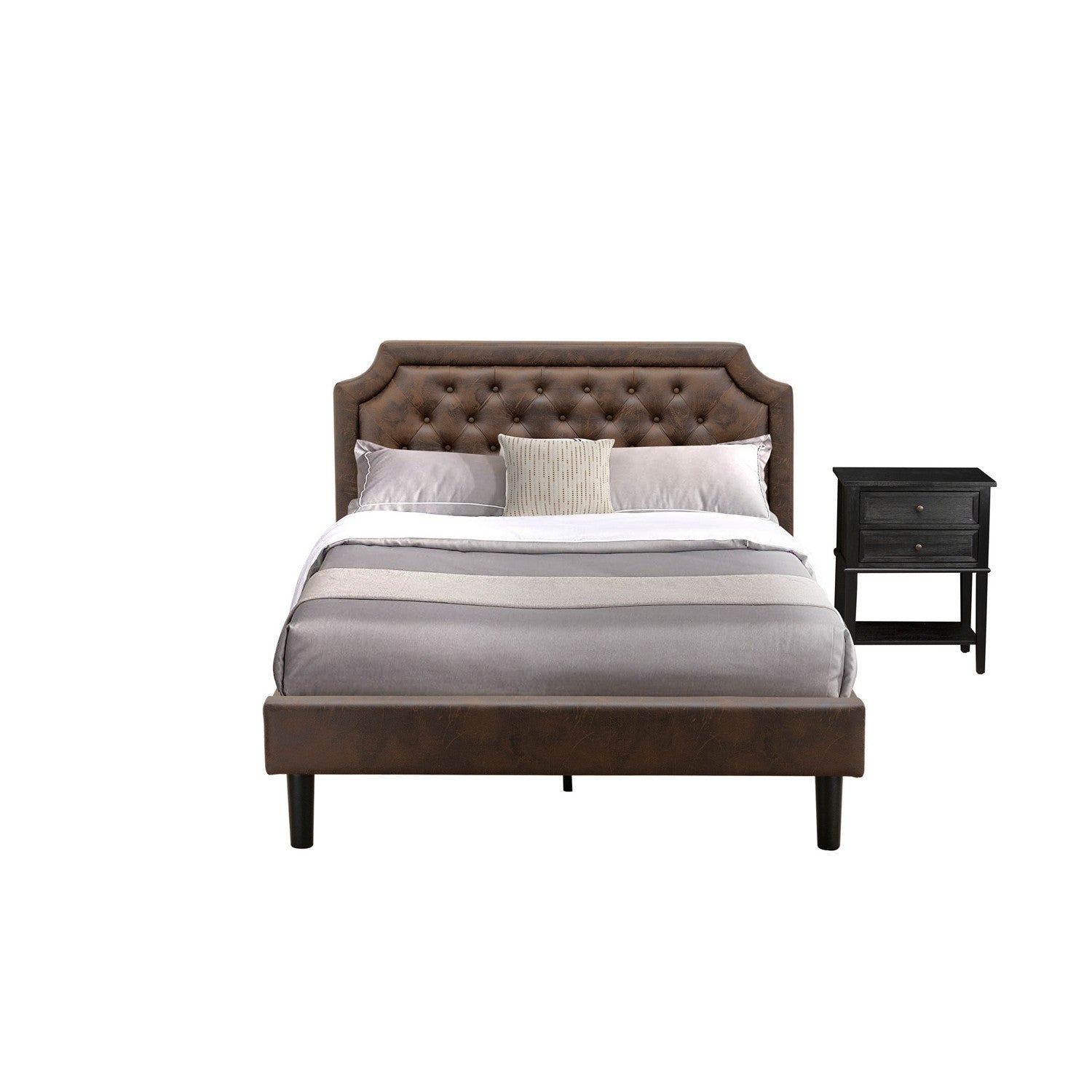 East West Furniture GB25Q-1VL06 2-Piece Granbury Queen Bedroom Set with Button Tufted Platform Bed and 1 Wire brushed Black End Tables - Dark Brown faux Leather with Black Texture and Black Legs