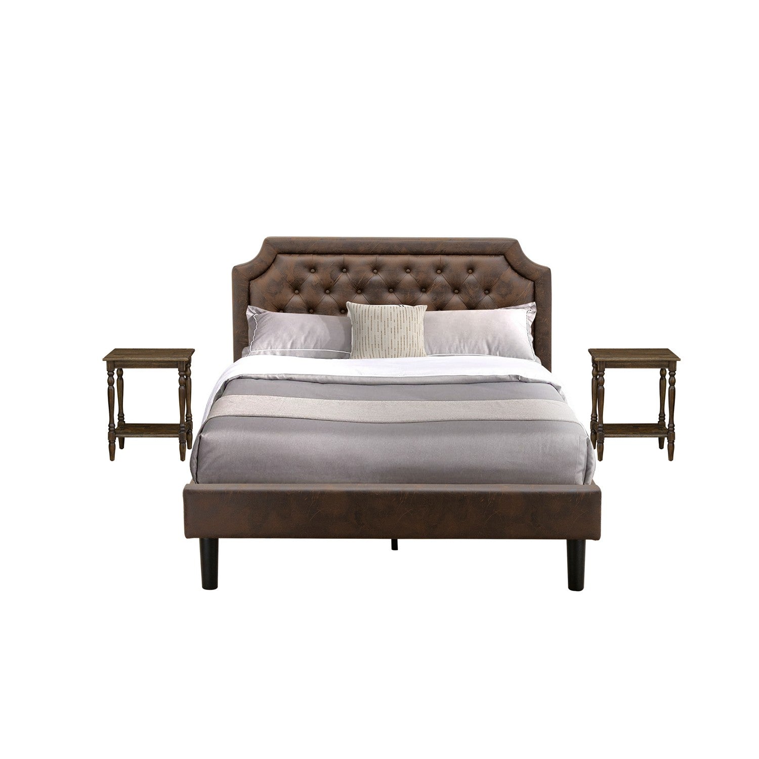 East West Furniture GB25Q-2BF07 3-Pc Granbury Queen Bed Set with Button Tufted Queen Size Frame and 2 Distressed Jacobean Modern Nightstands - Dark Brown faux Leather with Black Texture and Black Legs
