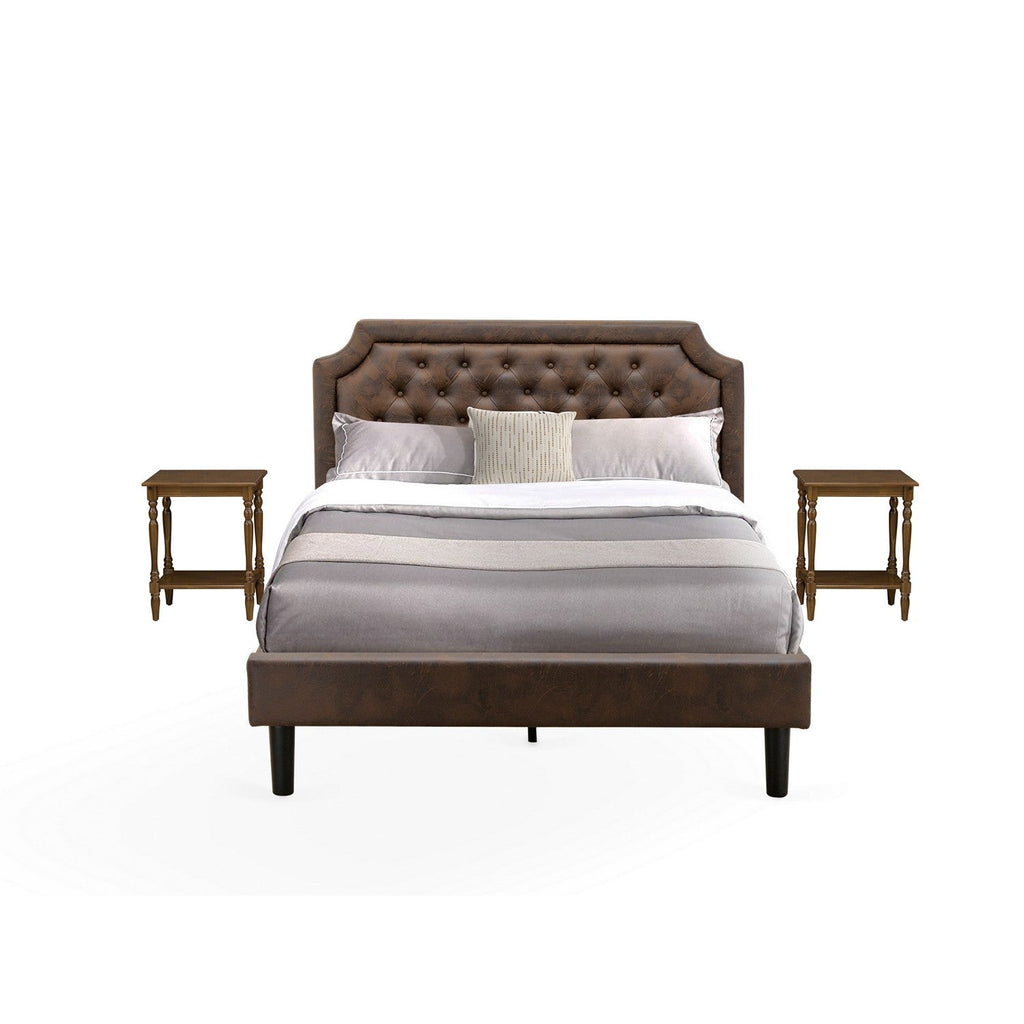 East West Furniture GB25Q-2BF08 - Juego de dormitorio de 3 piezas con plataforma de madera, cama capitoné y dos mesitas de noche de nogal antiguo de mediados de siglo - Piel sintética marrón oscuro con textura negra y patas negras