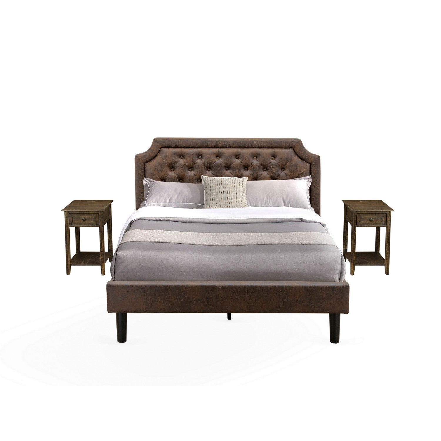 East West Furniture GB25Q-2DE07 3-Piece Granbury Bed Set with Button Tufted Wood Bed Frame and 2 Distressed Jacobean Night Stands - Dark Brown faux Leather with Black Texture and Black Legs