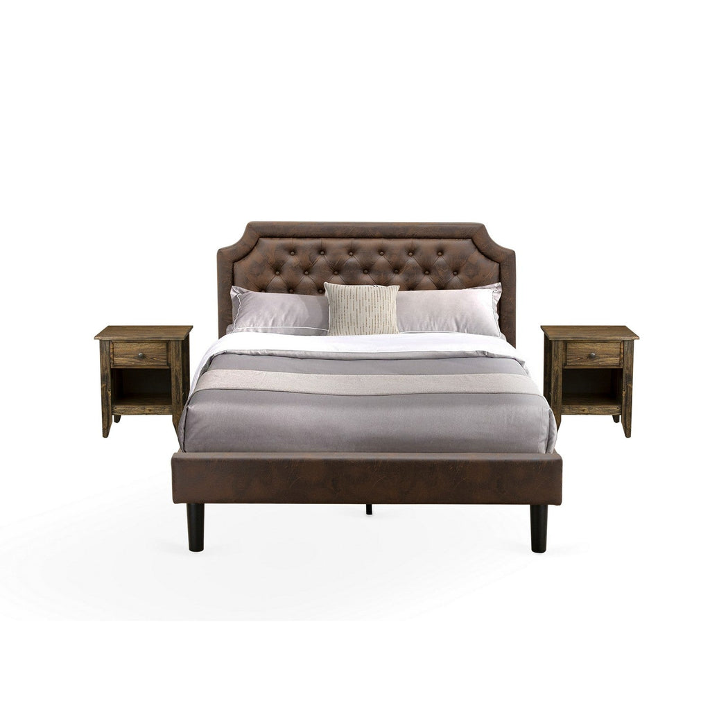 East West Furniture GB25Q-2GA07 3-Pc Queen Bed Set with Button Tufted Bed Frame and 2 Distressed Jacobean Mid Century Modern Nightstands - Dark Brown Faux Leather with Black Texture and Black Legs