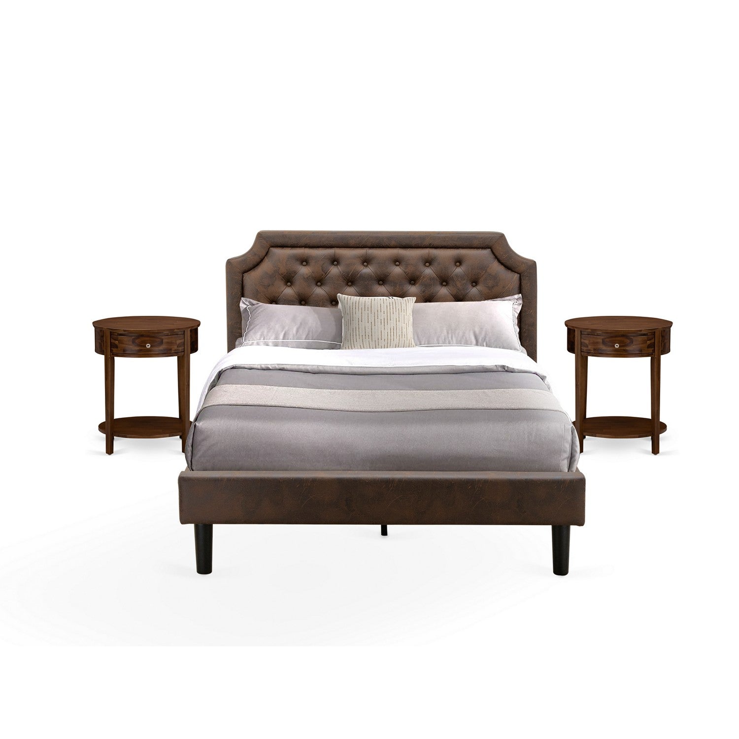 East West Furniture GB25Q-2HI08 3-Piece Platform Bedroom Set with Button Tufted Queen Bedframe and 2 Antique Walnut End Tables - Dark Brown faux Leather with Black Texture and Black Legs