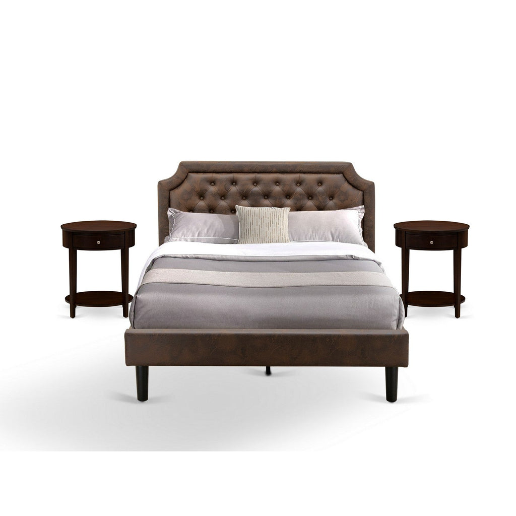 East West Furniture GB25Q-2HI0M 3-Pc Platform Bedroom Set with Button Tufted Queen Size Bed Frame and 2 Antique Mahogany Night Stands - Dark Brown Faux Leather with Black Texture and Black Legs