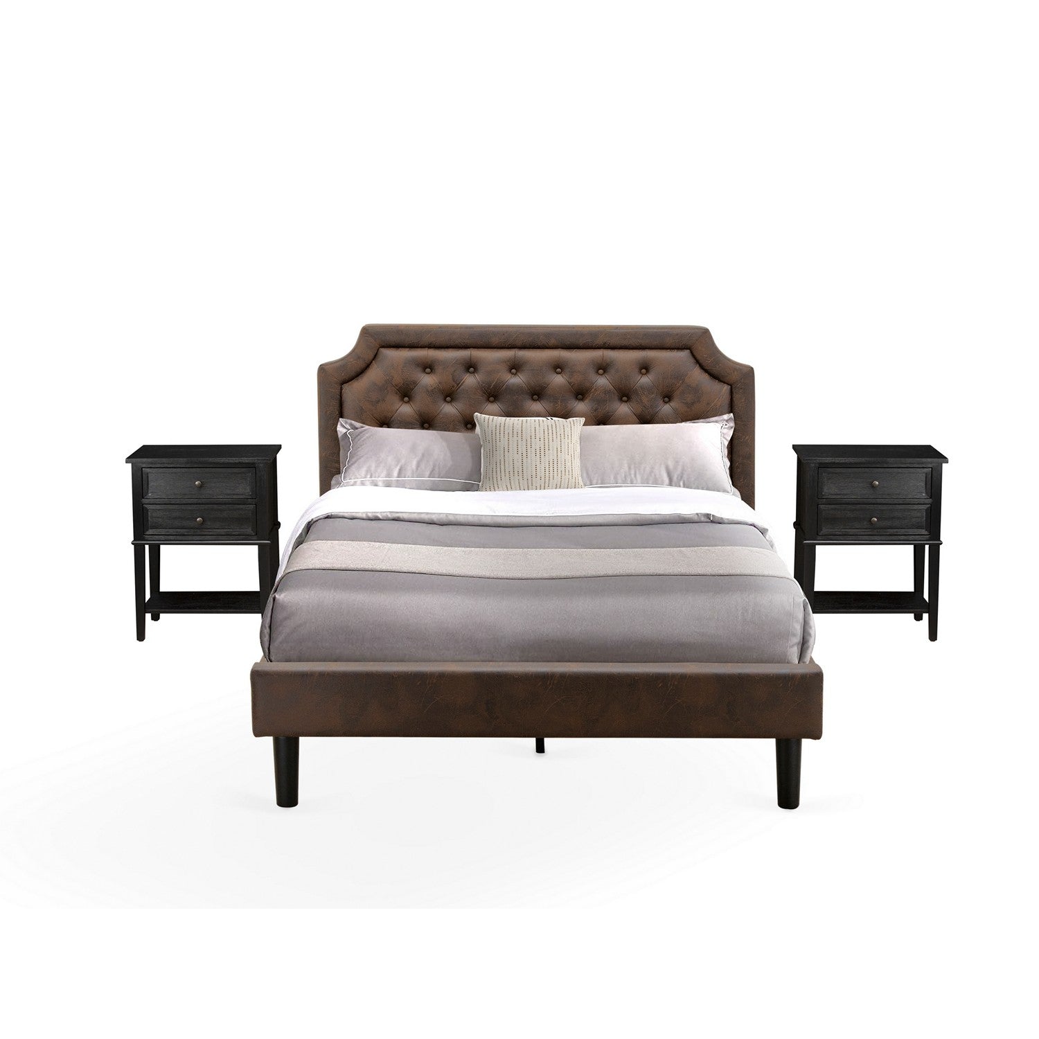 East West Furniture GB25Q-2VL06 3-Piece Queen Bedroom Set with Button Tufted Wood Bed Frame and 2 Wire Brushed Black End Tables for bedroom - Dark Brown faux Leather with Black Texture and Black Legs