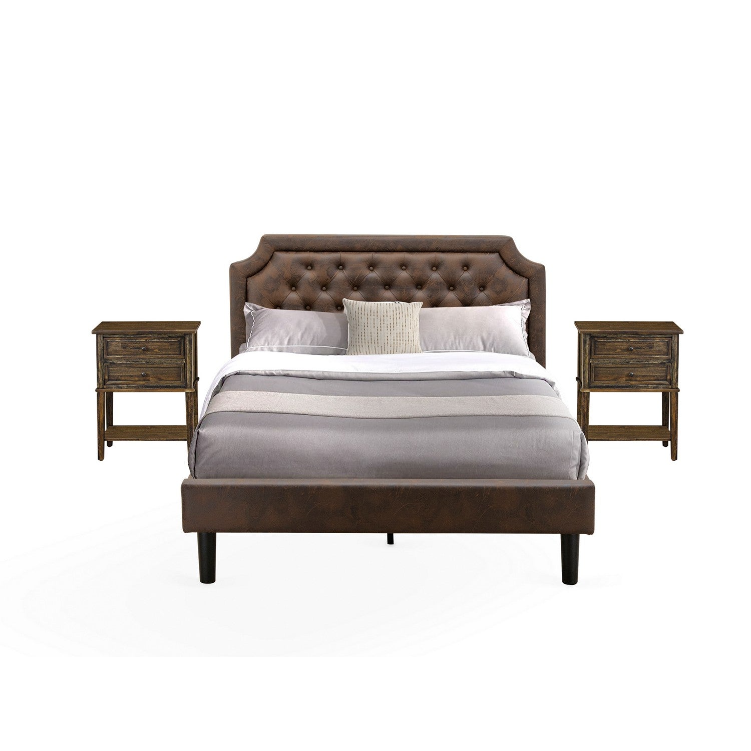 East West Furniture GB25Q-2VL07 3-Piece Granbury Bed Set with Button Tufted Queen Size Bed Frame and 2 Distressed Jacobean Wood Nightstand - Dark Brown faux Leather with Black Texture and Black Legs