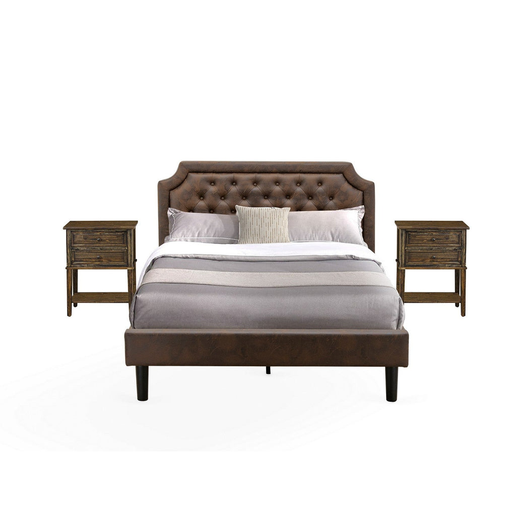 East West Furniture GB25Q-2VL07 3-Piece Granbury Bed Set with a Queen Size Bed Frame and 2 Distressed Jacobean Wood Nightstand - Dark Brown Faux Leather with Black Texture and Black Legs
