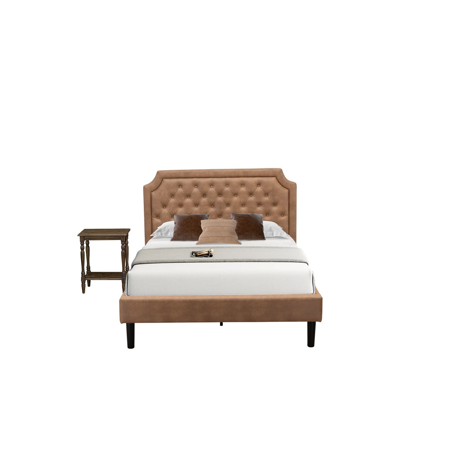 East West Furniture GB28F-1BF07 2-Piece Platform Bedroom Set with Button Tufted Bed Frame and a Distressed Jacobean Mid Century Modern Nightstand - Brown faux Leather with Brown Texture and Black Legs