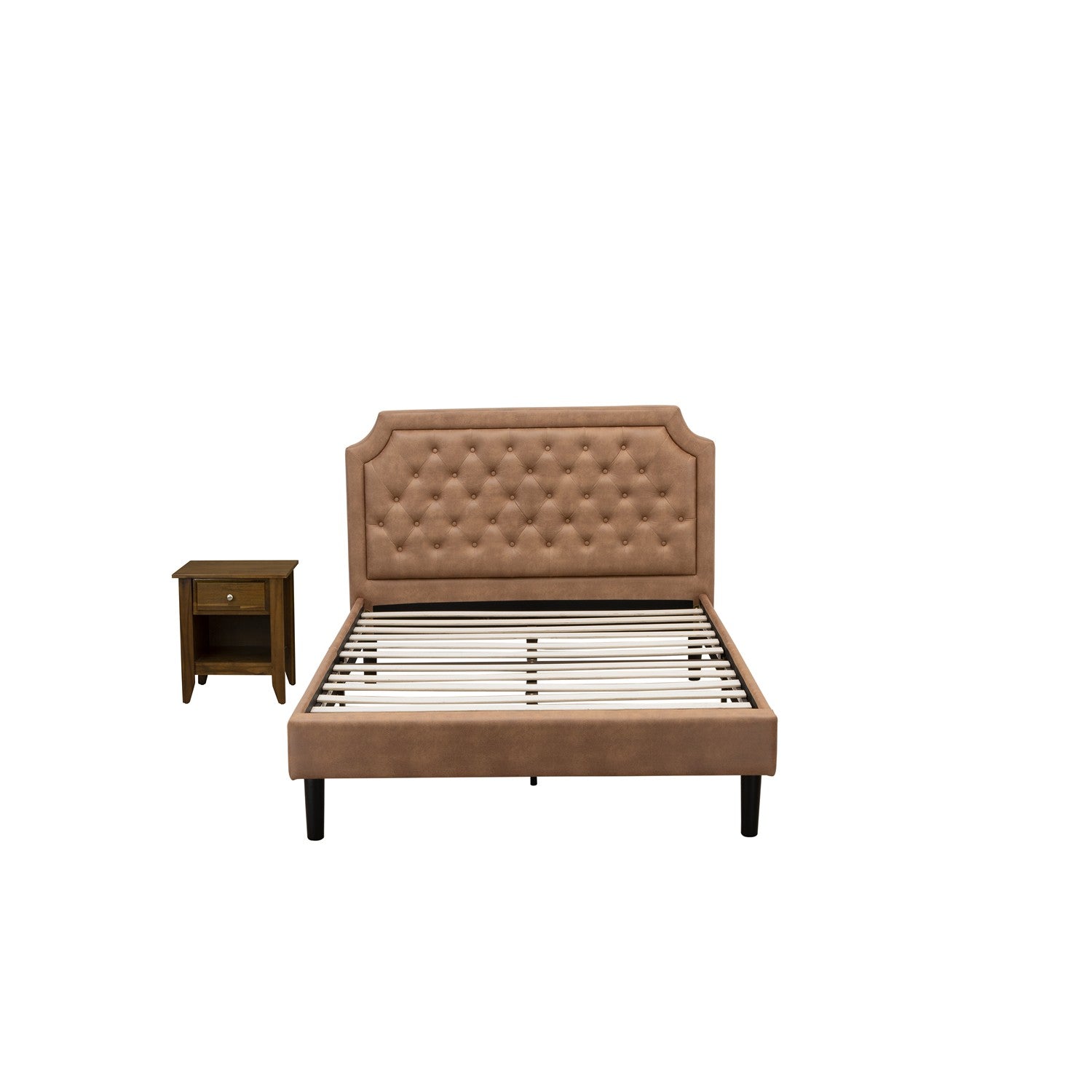 East West Furniture GB28F-1GA08 2-Piece Granbury Wooden Set for Bedroom with Button Tufted Platform Bed and an Antique Walnut Wood Nightstand - Brown faux Leather with Brown Texture and Black Legs