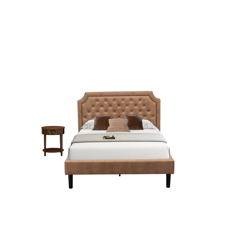 Juego de cama de dos piezas East West Furniture GB28F-1HI08 con plataforma, estructura de cama matrimonial con botones y mesa auxiliar de nogal antiguo para dormitorio. Piel sintética marrón con textura marrón y patas negras.