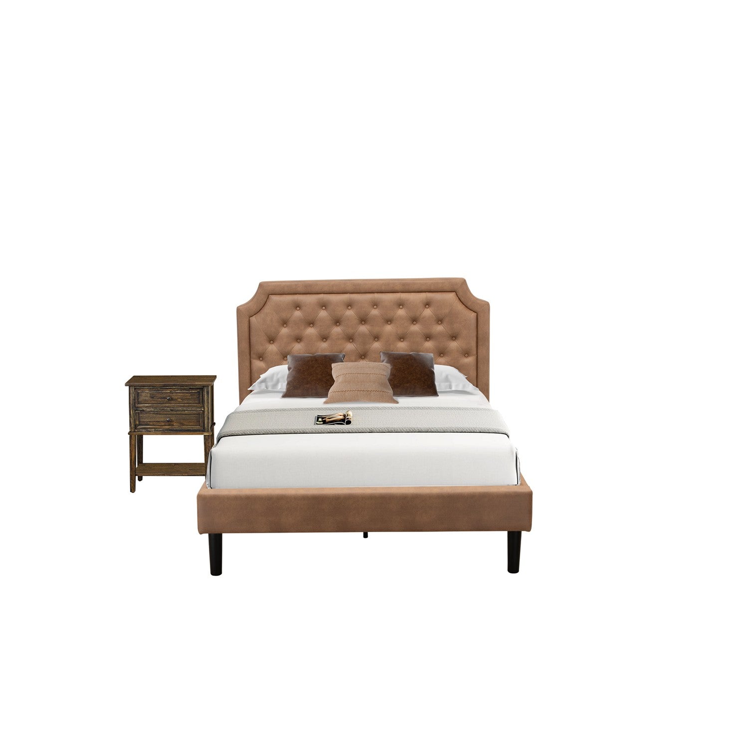 East West Furniture GB28F-1VL07 2-Pc Platform Bedroom set with Button Tufted Full Size Bed and 1 Distressed Jacobean Night Stands for Bedrooms - Brown faux Leather with Brown Texture and Black Legs