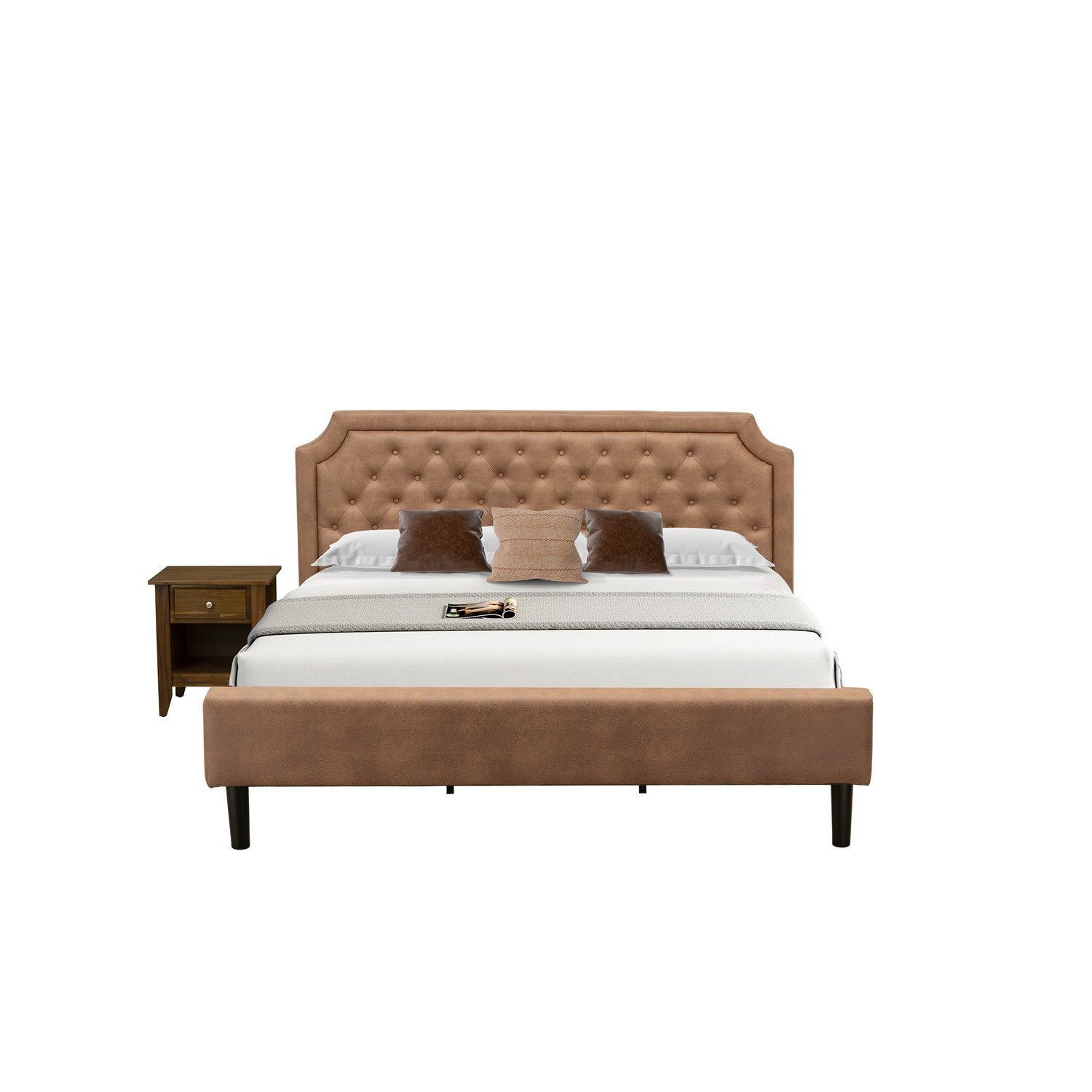 East West Furniture GB28K-1GA08 2-Piece Platform King Size Bedroom Set with Button Tufted King Frame and 1 Antique Walnut Night Stand - Brown faux Leather with Brown Texture and Black Legs