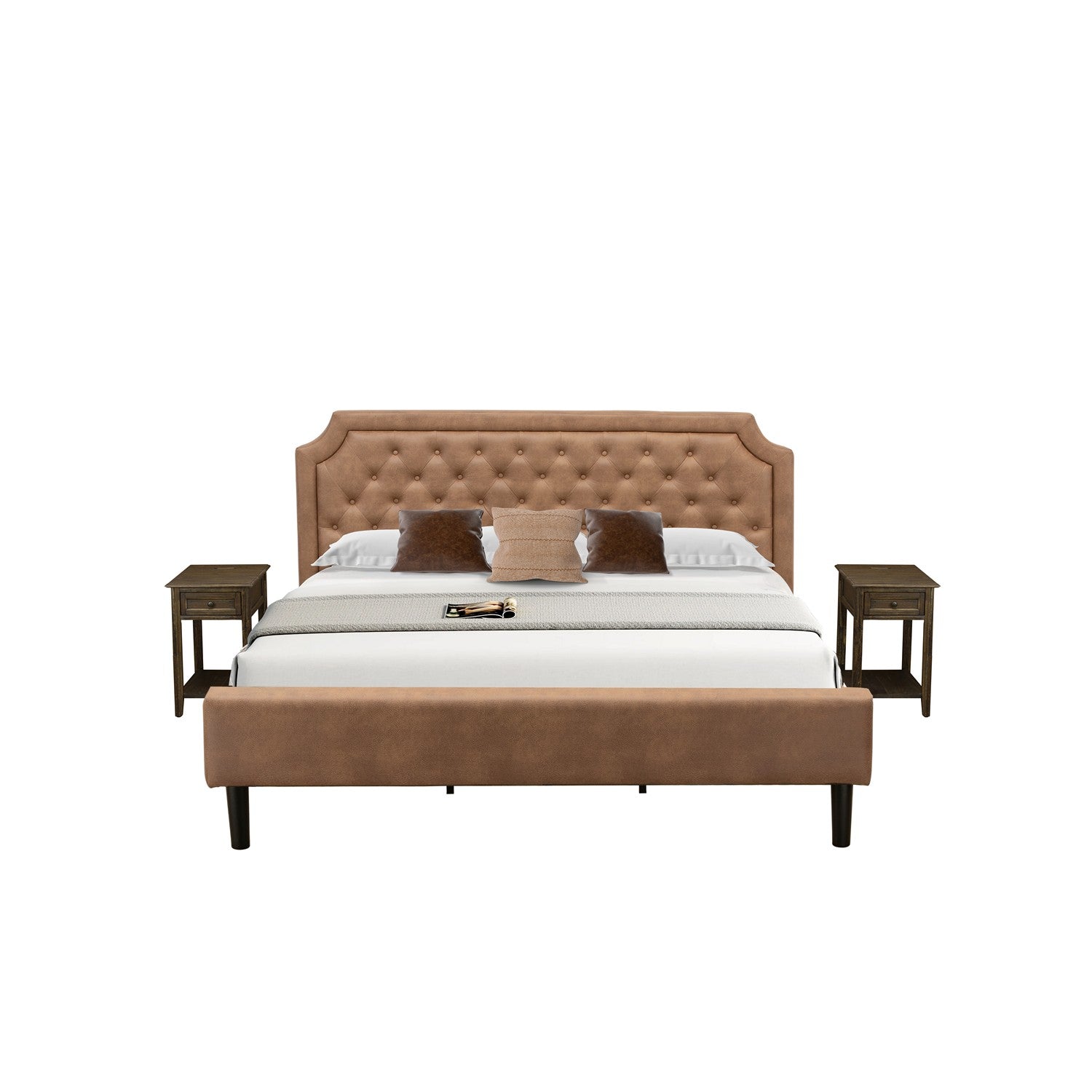 East West Furniture GB28K-2DE07 3-Pc Platform King Size Bed Set with Button Tufted Bed Frame and 2 Distressed Jacobean Mid Century Nightstands - Brown faux Leather with Brown Texture and Black Legs
