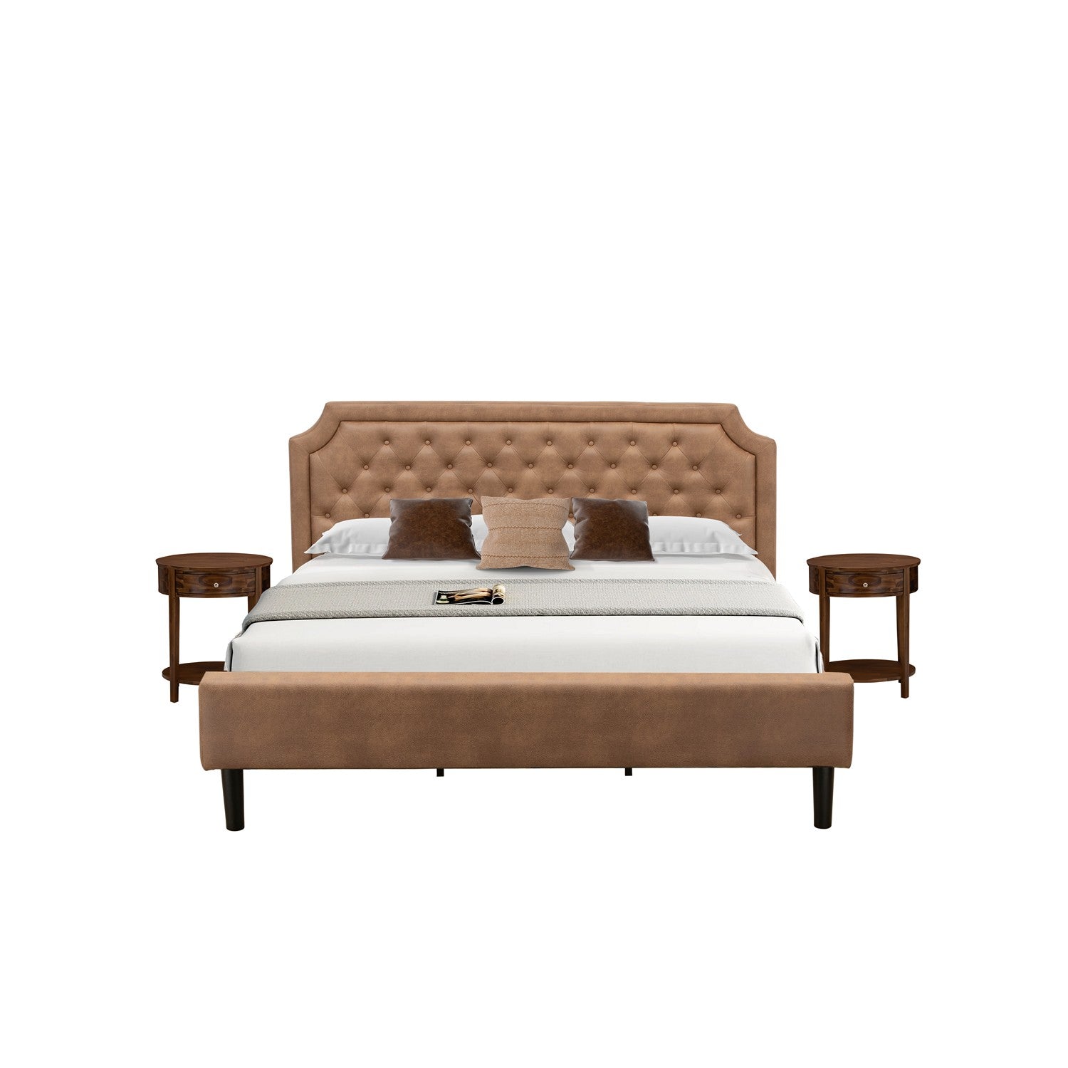GB28K-2HI08 3-Piece Platform Bedroom Set with a Button Tufted King Bed and 2 Antique Walnut Night Stands - Brown faux Leather with Brown Texture and Black Legs