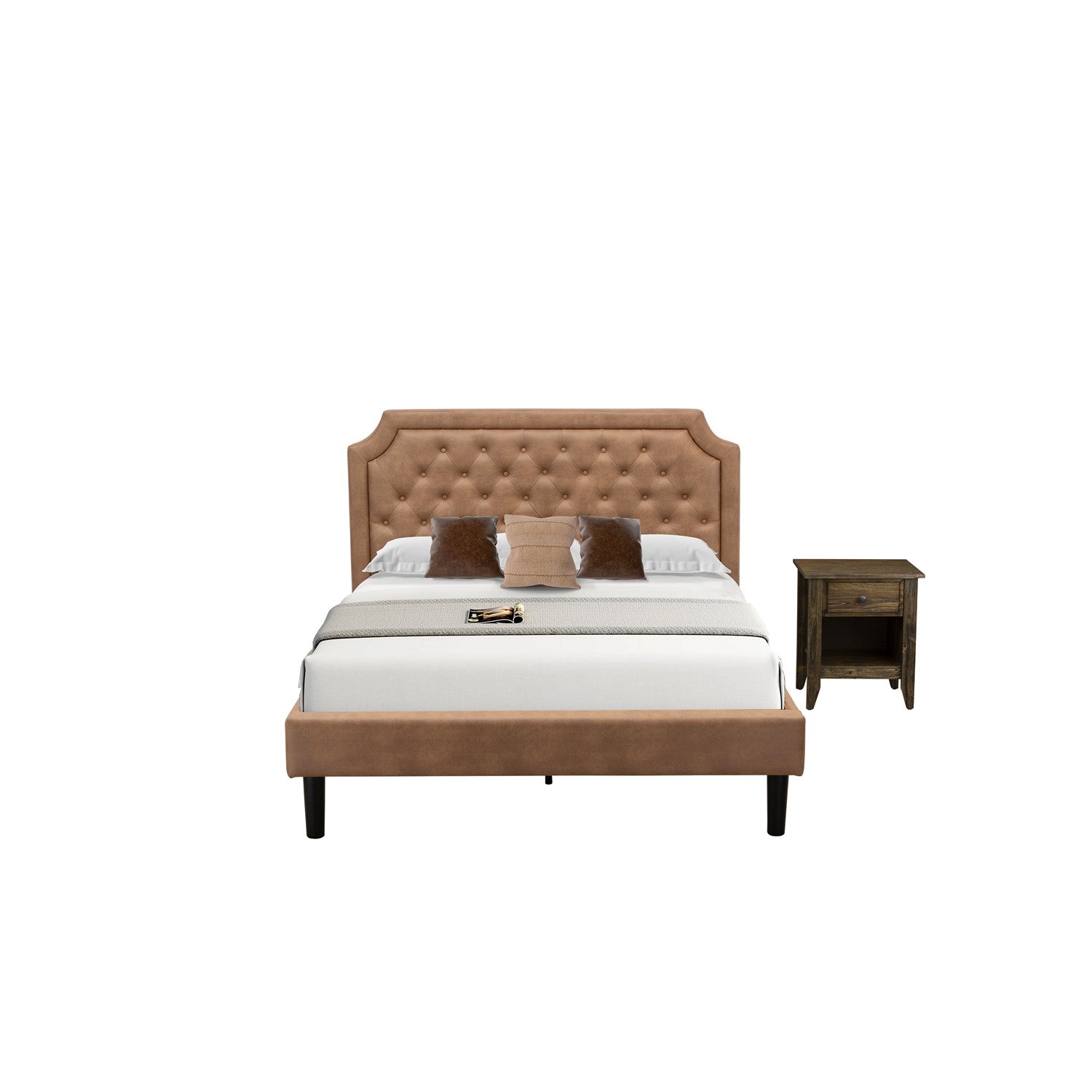 East West Furniture GB28Q-1GA07 2-Pc Granbury Queen Bed Set Furniture with Button Tufted Wood Bed Frame and 1 Distressed Jacobean Nightstand - Brown faux Leather with Brown Texture and Black Legs
