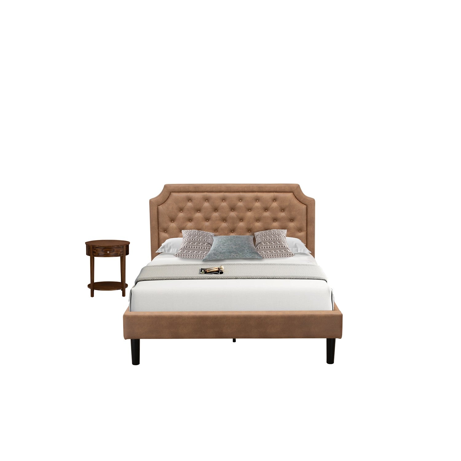 East West Furniture GB28Q-1HI08 2-Piece Granbury Bedroom Furniture Set with Button Tufted Queen Frame and 1 Antique Walnut End Table - Brown faux Leather with Brown Texture and Black Legs