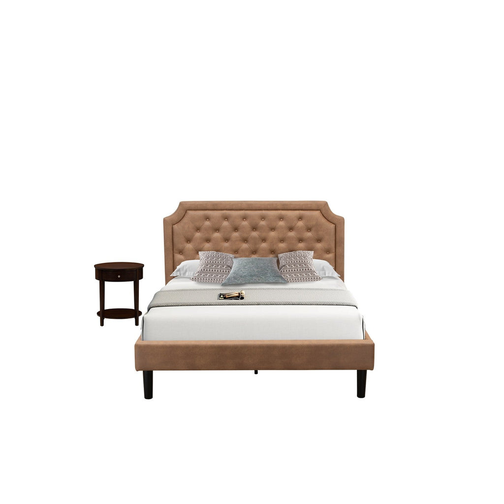 East West Furniture GB28Q-1HI0M 2-Piece Platform Bed Set with Button Tufted Queen Size Bed and an Antique Mahogany Nightstand - Brown Faux Leather with Brown Texture and Black Legs