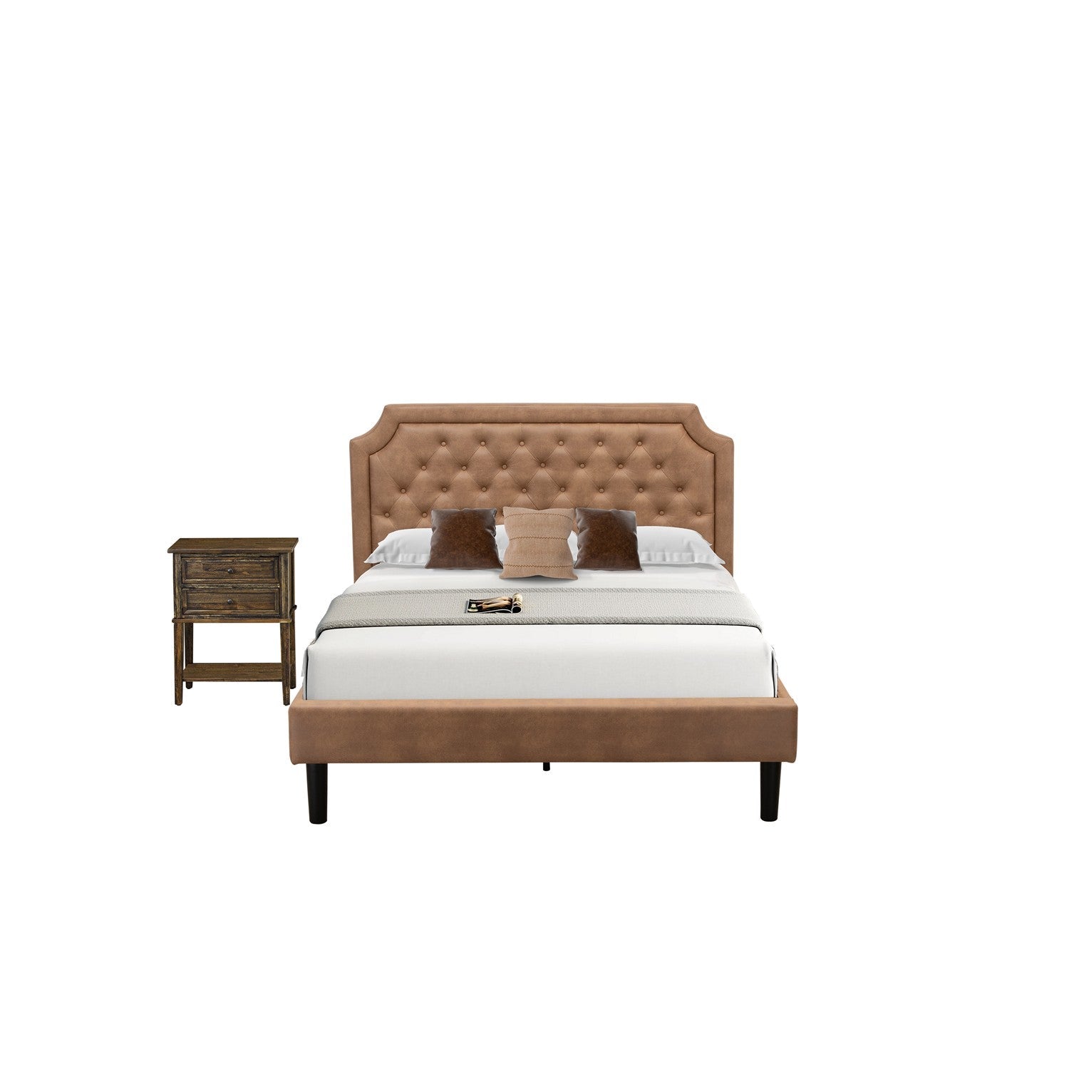 East West Furniture GB28Q-1VL07 2-Piece Platform Bedroom Set with Button Tufted Queen Frame and 1 Distressed Jacobean Night Stands For Bedrooms - Brown faux Leather with Brown Texture and Black Legs