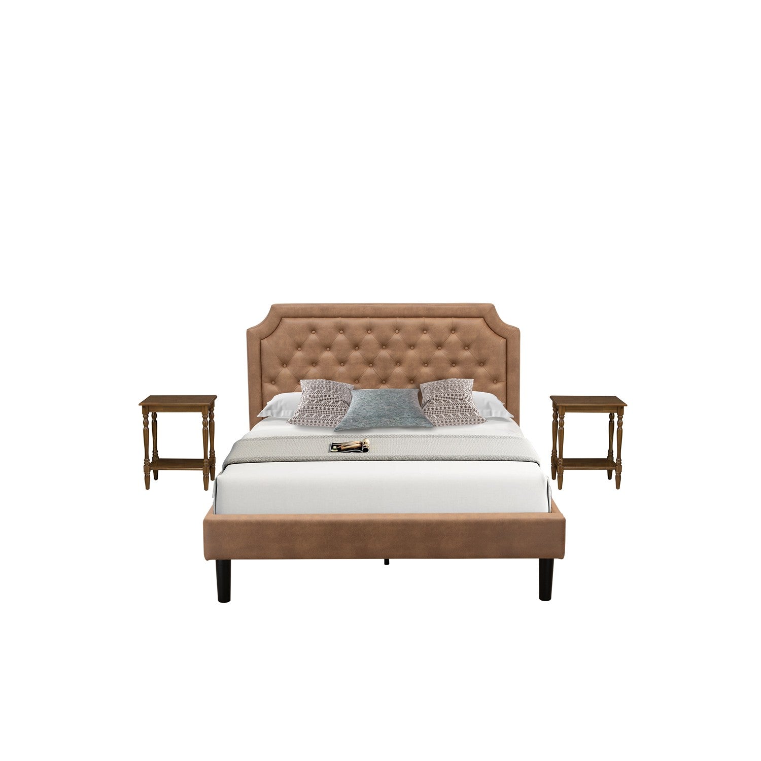 East West Furniture GB28Q-2BF08 3-Piece Granbury Bed Set with Button Tufted Queen Wood Bed Frame and 2 Antique Walnut Wood Nightstands - Brown faux Leather with Brown Texture and Black Legs