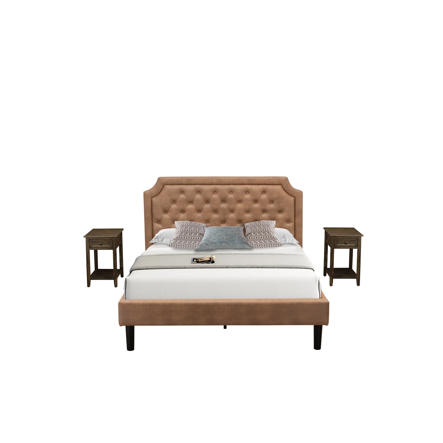 East West Furniture GB28Q-2DE07 3-Piece Platform Bed Set with Button Tufted Queen Size Bed Frame and 2 Distressed Jacobean Bedroom Nightstand - Brown faux Leather with Brown Texture and Black Legs