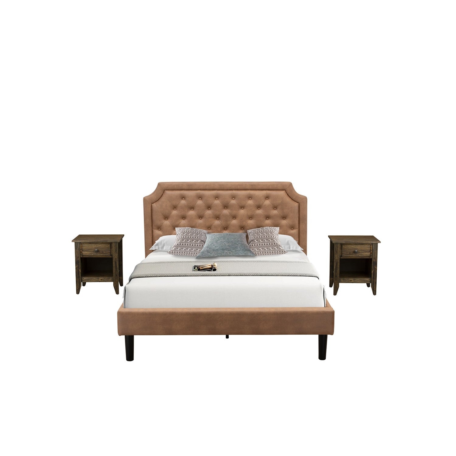 East West Furniture GB28Q-2GA07 3-Piece Platform Bedroom Set with Button Tufted Queen Size Bed and 2 Distressed Jacobean End Tables for bedroom - Brown faux Leather with Brown Texture and Black Legs