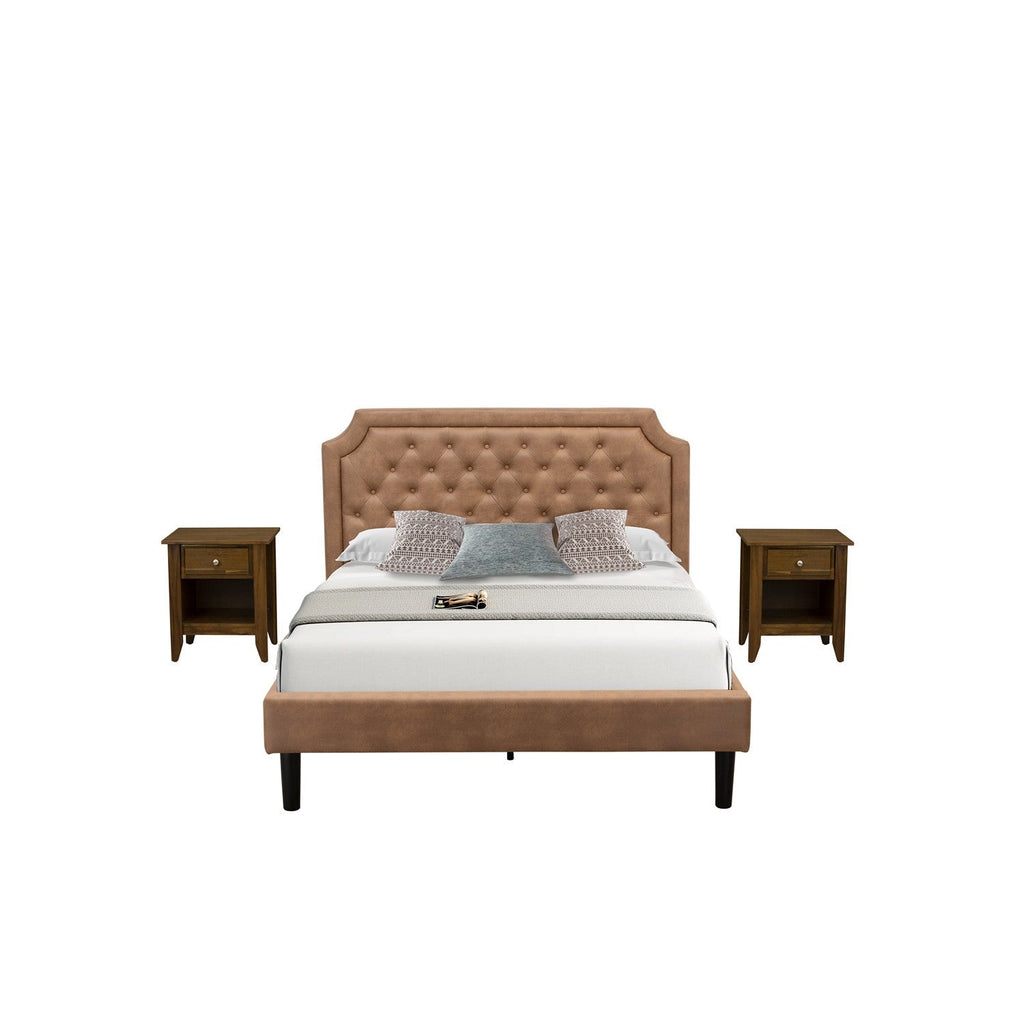Juego de dormitorio Granbury de 3 piezas East West Furniture GB28Q-2GA08 con cama tapizada con botones y dos mesitas de noche pequeñas de nogal antiguo. Piel sintética marrón con textura marrón y patas negras.