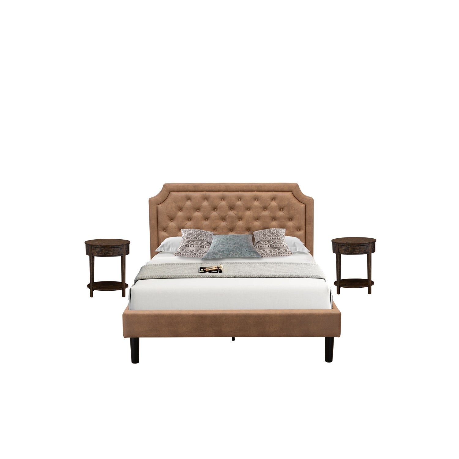 East West Furniture GB28Q-2HI07 3-Pc Wooden Set for Bedroom with Button Tufted Queen Bedframe and 2 Distressed Jacobean End Tables for bedroom - Brown faux Leather with Brown Texture and Black Legs