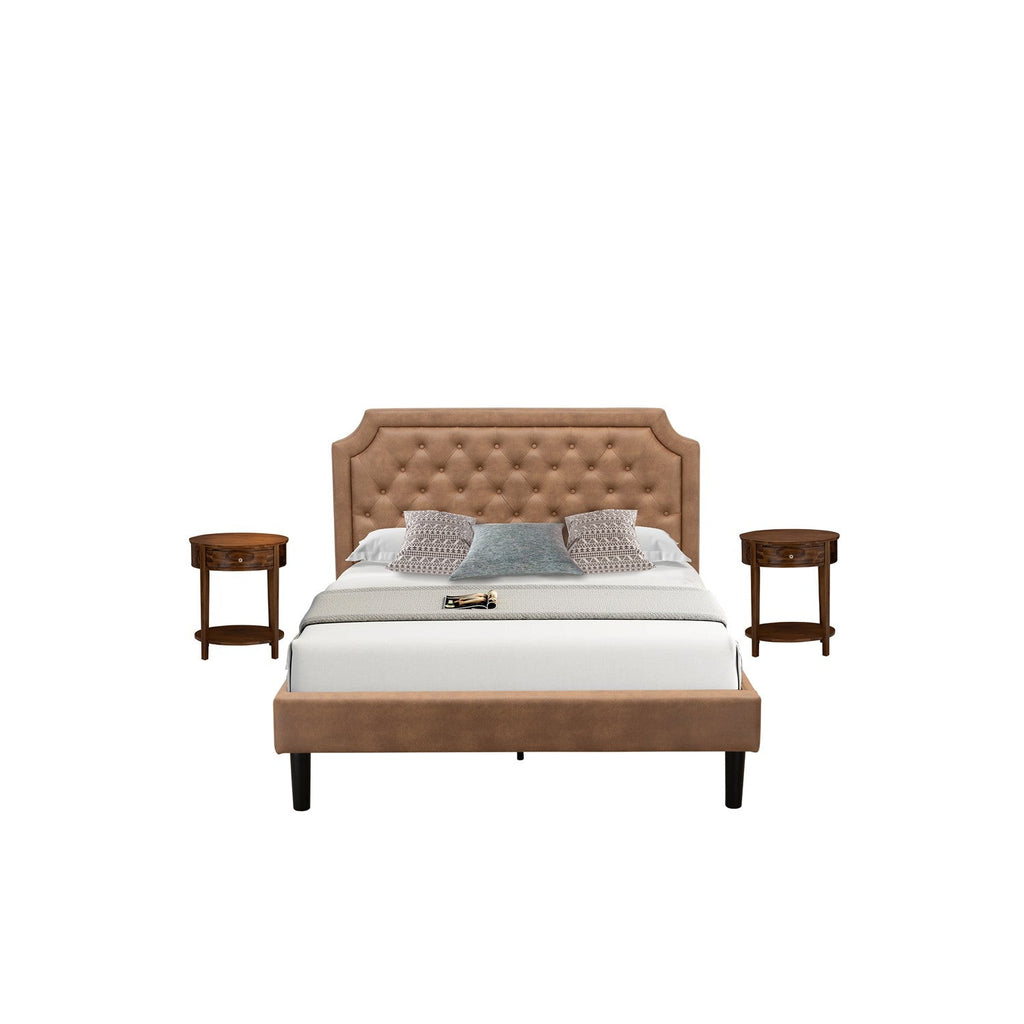 Juego de cama de 3 piezas East West Furniture GB28Q-2HI08 con plataforma Queen, estructura de madera capitoné y dos mesitas de noche de nogal antiguo de mediados de siglo. Piel sintética marrón con textura marrón y patas negras.