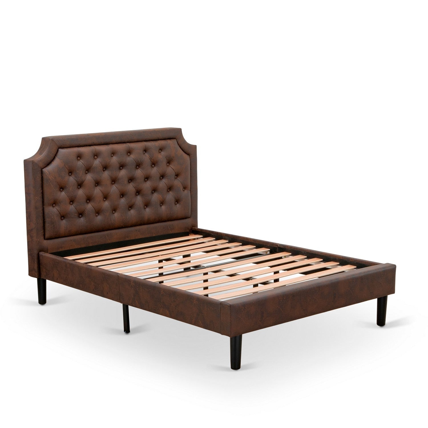 East West Furniture GB25F-1VL07 2-Piece Full Bedroom Furniture Set with Button Tufted Platform Bed and 1 Distressed Jacobean Night Stand - Dark Brown faux Leather with Black Texture and Black Legs