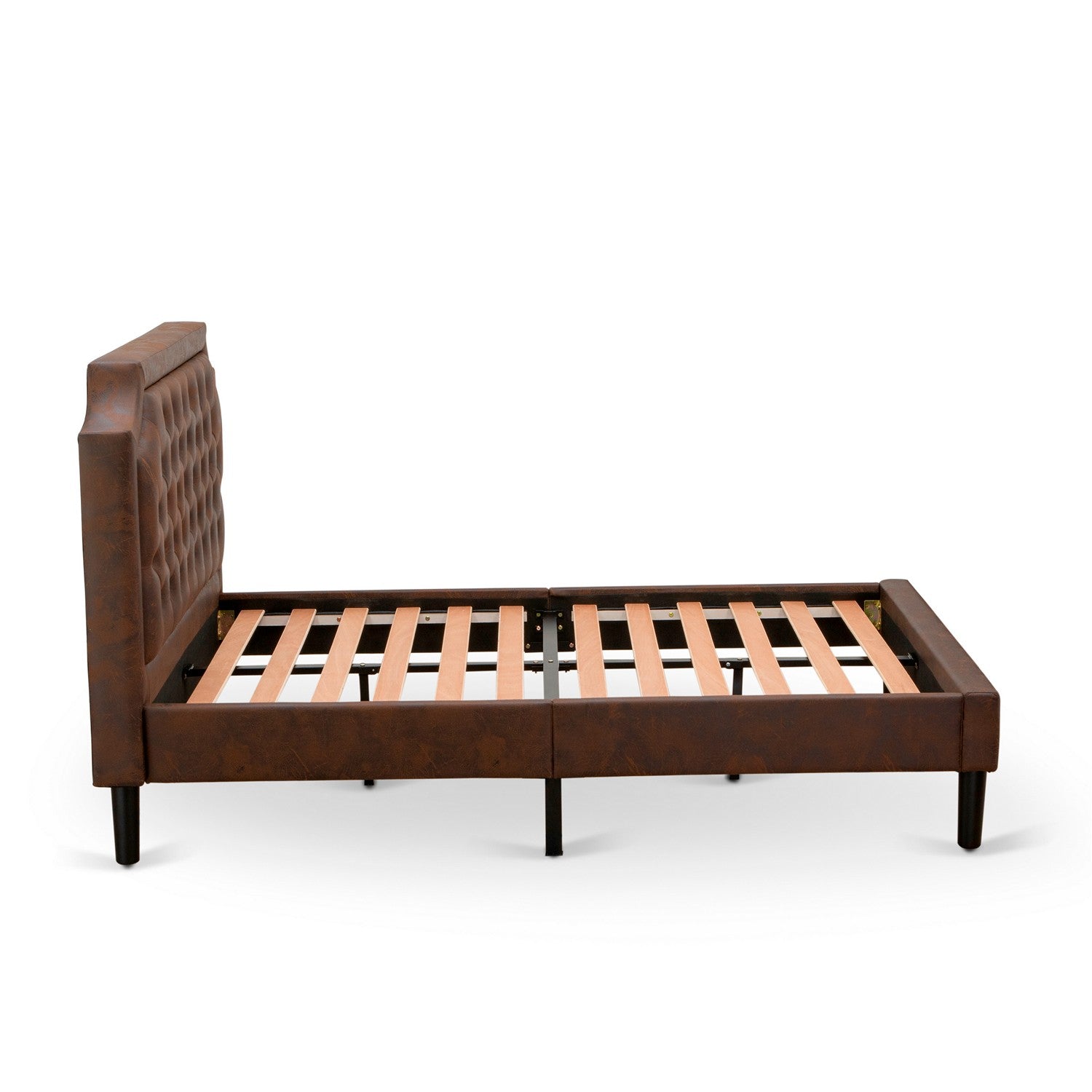 East West Furniture GB25F-1BF08 2-Piece Platform Full Bed Set with Button Tufted Full Size Bed Frame and an Antique Walnut Small End Table - Dark Brown faux Leather with Black Texture and Black Legs