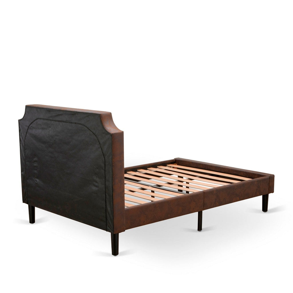 East West Furniture GB25F-1GA08 2-Piece Granbury Full Size Bed Set with Button Tufted Platform Bed and an Antique Walnut Night Stand - Dark Brown Faux Leather with Black Texture and Black Legs