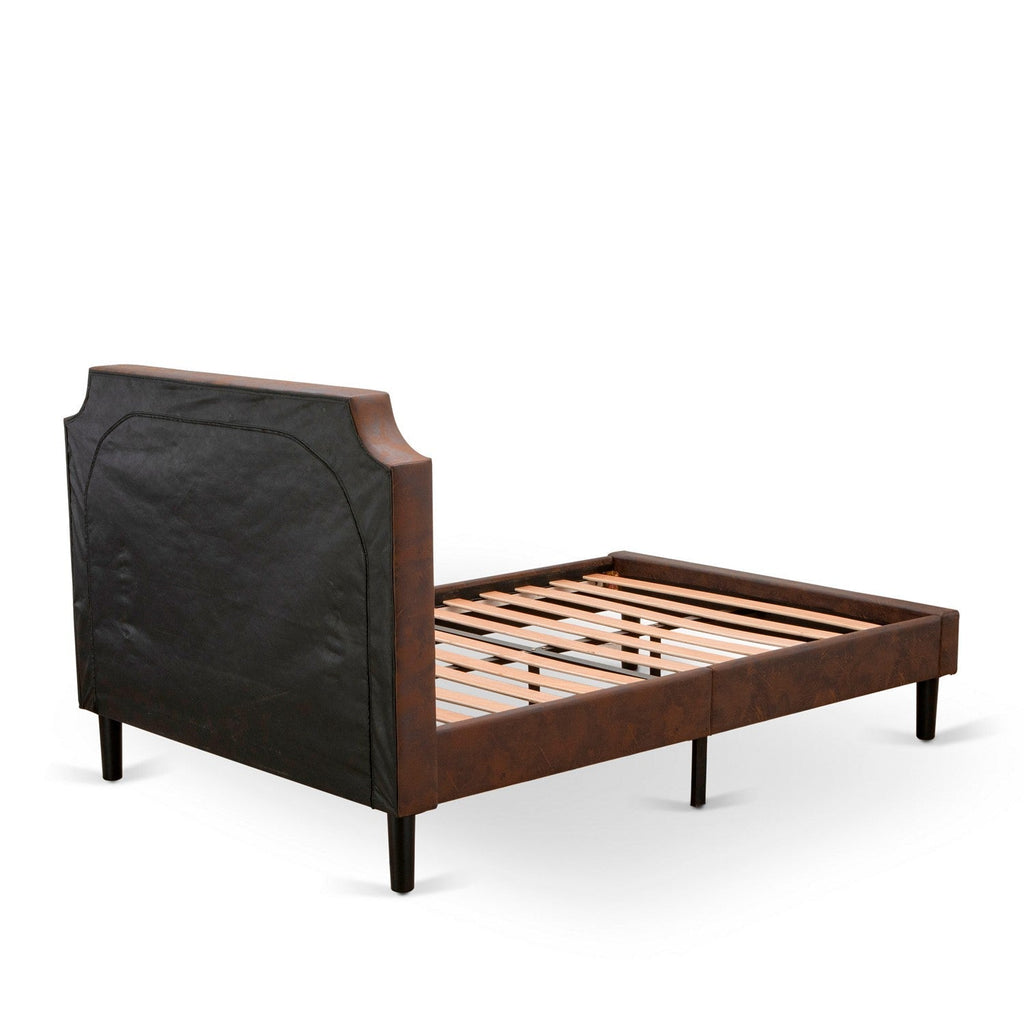 East West Furniture GB25F-1DE07 2-Pc Bed Set with Button Tufted Full Size Bed and a Distresses Jacobean Mid Century Modern Nightstand - Dark Brown Faux Leather with Black Texture and Black Legs