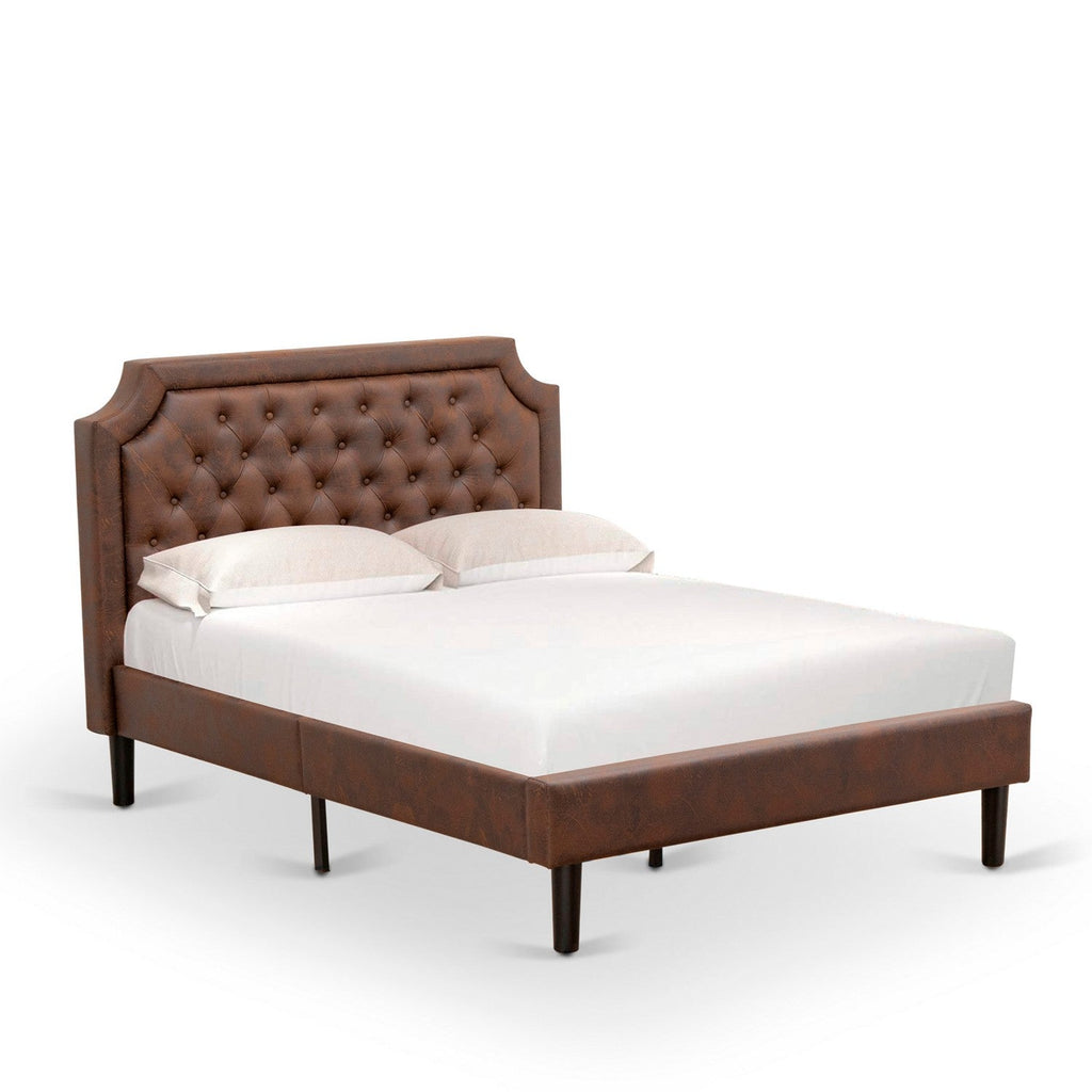 East West Furniture GB25F-1DE07 2-Pc Bed Set with Button Tufted Full Size Bed and a Distresses Jacobean Mid Century Modern Nightstand - Dark Brown Faux Leather with Black Texture and Black Legs