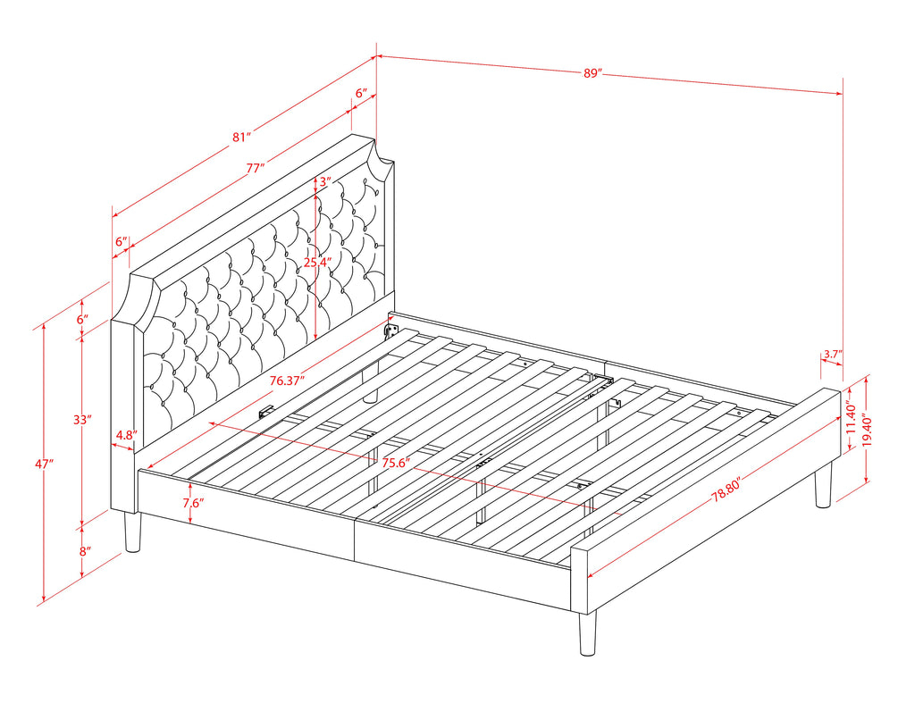 East West Furniture GBF-25-K Granbury King Size Platform Bed Frame Contains Black Textured Upholstered Headboard, Footboard, Wood Rails and Slats - Black Finish