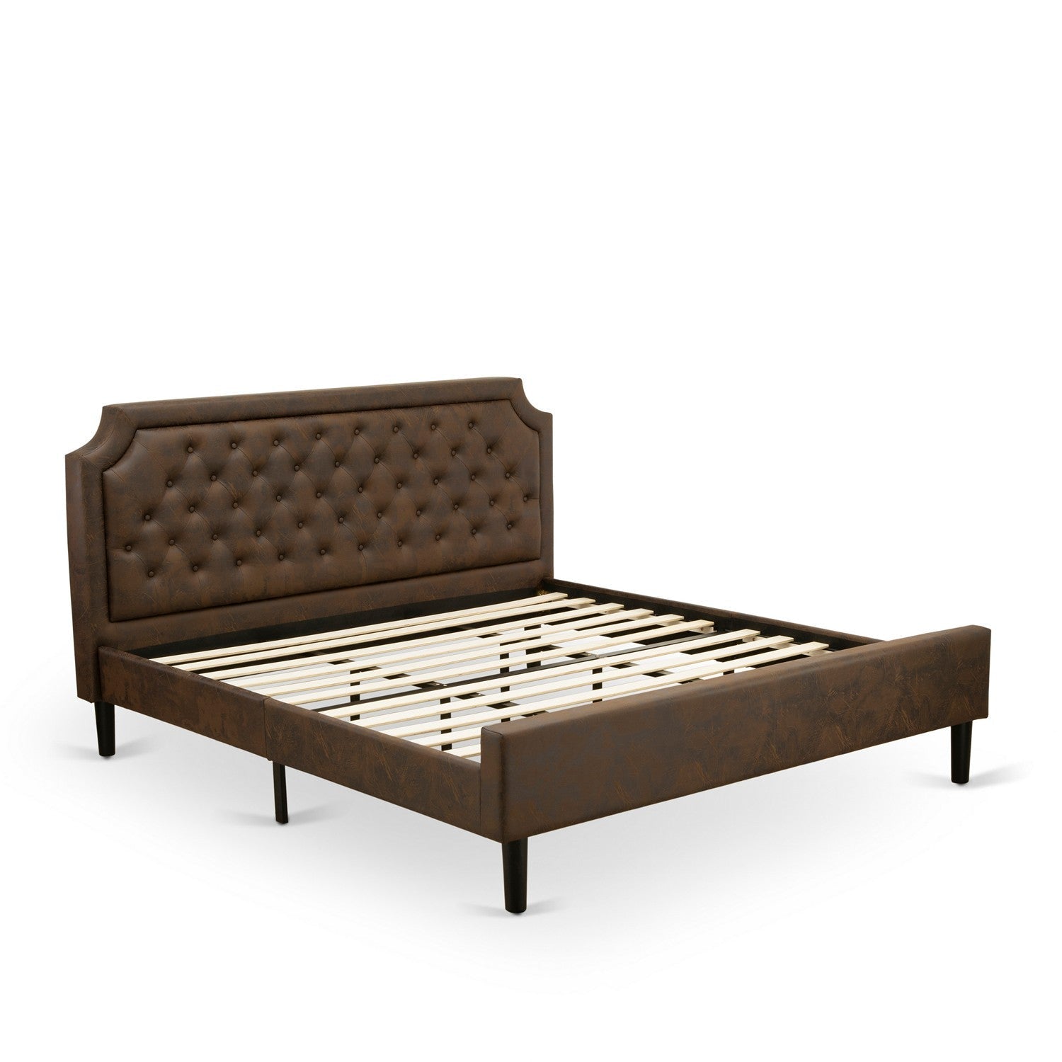 Juego de dormitorio East West Furniture GB25K-2VL06 de 3 piezas Granbury King con estructura de cama y dos mesitas de noche negras con acabado cepillado. Piel sintética marrón oscuro con textura negra y patas negras.