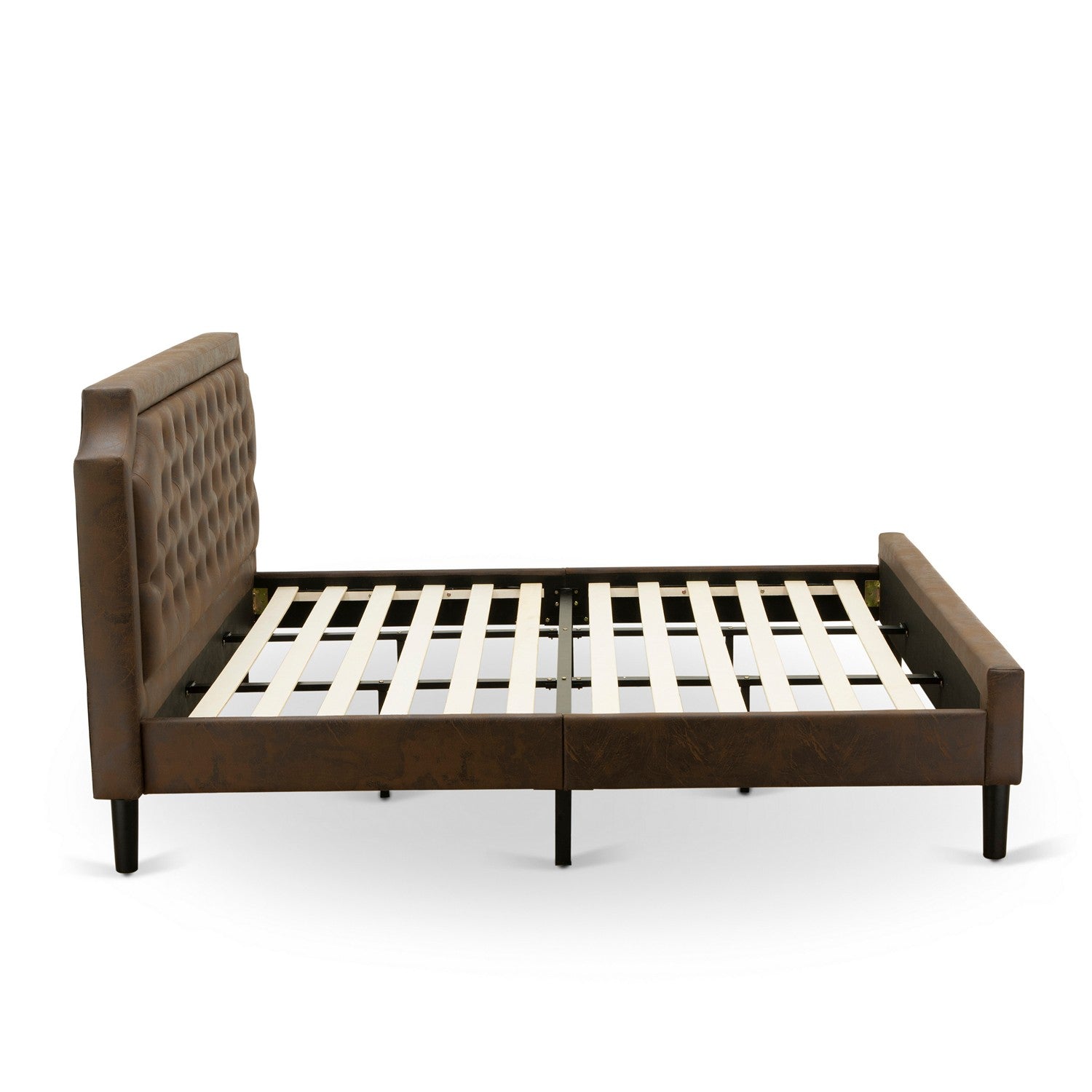 Juego de dormitorio East West Furniture GB25K-1VL07 de 2 piezas con plataforma King, estructura de cama y mesa auxiliar con diseño jacobino envejecido, piel sintética marrón oscuro con textura negra y patas negras.