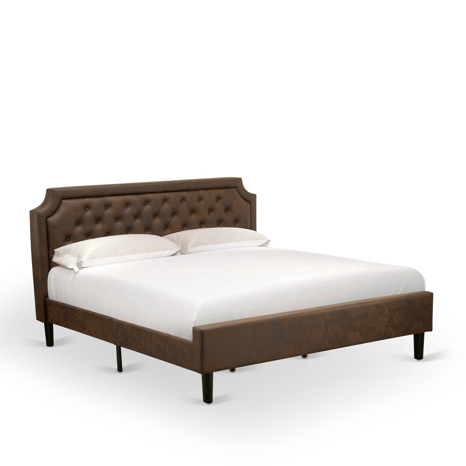 Juego de dormitorio Granbury de 3 piezas East West Furniture GB25K-2HI07 con cama king size con botones y dos mesitas auxiliares pequeñas de estilo jacobino envejecido - Cuero sintético marrón oscuro con textura negra y patas negras