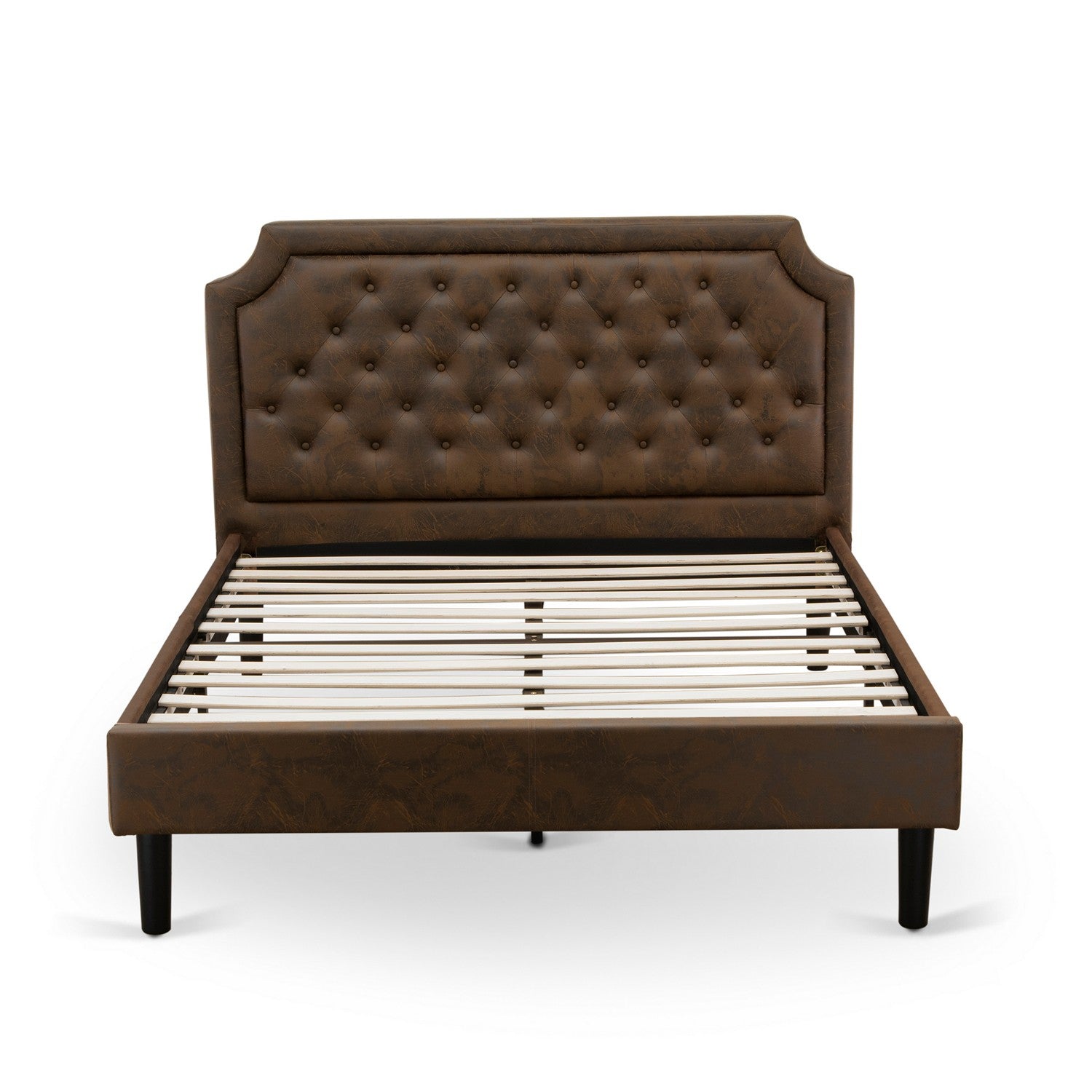 East West Furniture GB25Q-2GA07 3-Pc Queen Bed Set with Button Tufted Bed Frame and 2 Distressed Jacobean Mid Century Modern Nightstands - Dark Brown faux Leather with Black Texture and Black Legs
