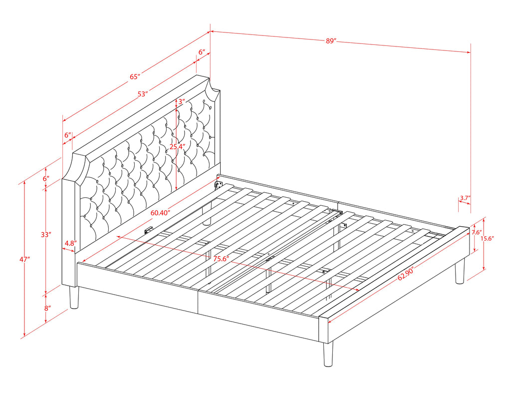 East West Furniture GBF-25-Q Queen Size Bed Frame Includes Black Textured Upholstered Headboard, Footboard and Wood Rails, Slats - Wooden 9 Legs with Full Support Queen Size Bed - Black Finish