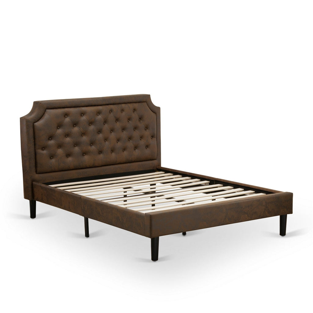 East West Furniture GB25Q-1BF07 2-Piece Granbury Bed Set with a Button Tufted Queen Size Bed and 1 Distressed Jacobean Modern Nightstand - Dark Brown Faux Leather with Black Texture and Black Legs