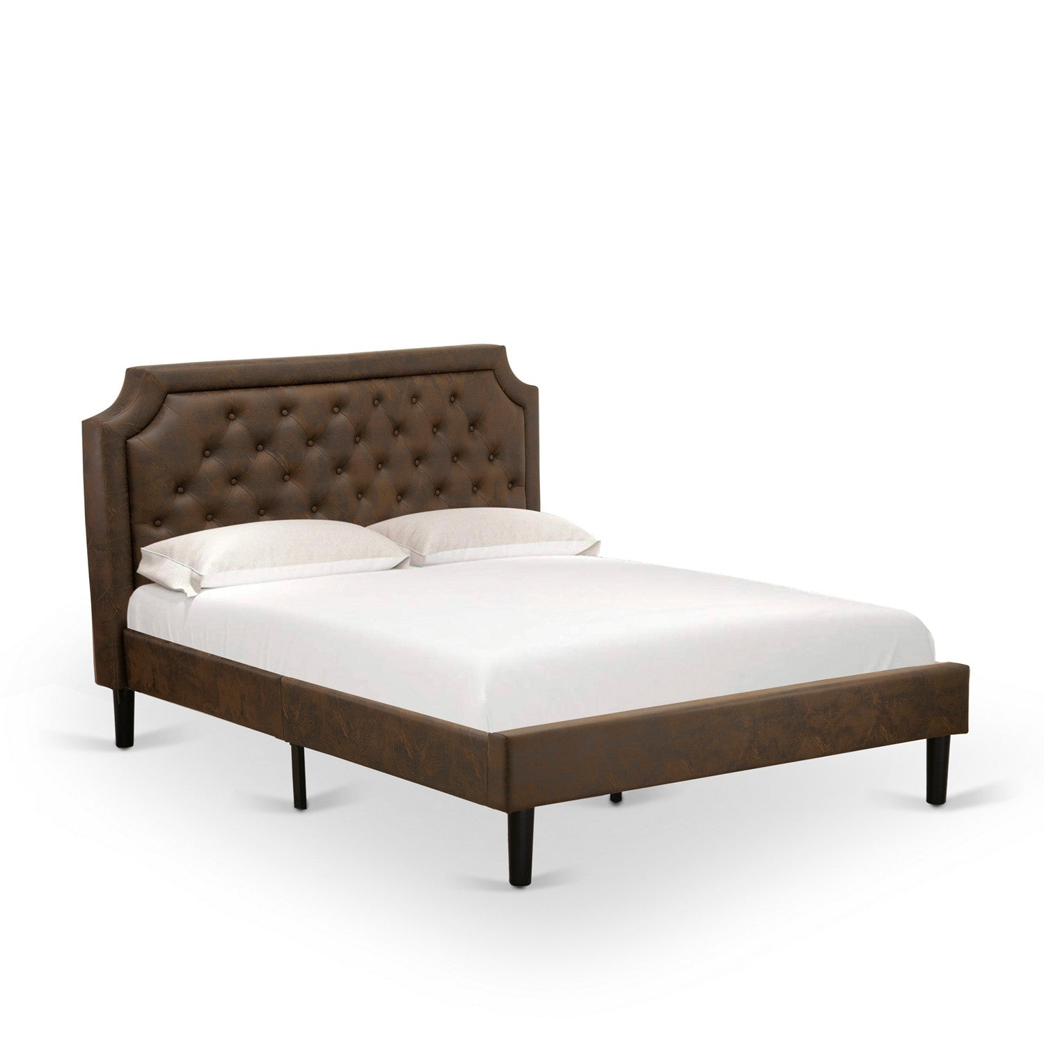 East West Furniture GB25Q-2DE07 3-Piece Granbury Bed Set with Button Tufted Wood Bed Frame and 2 Distressed Jacobean Night Stands - Dark Brown faux Leather with Black Texture and Black Legs