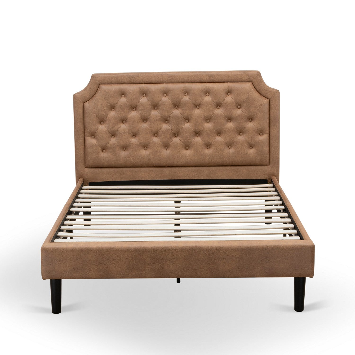 East West Furniture GB28F-1BF08 2-Piece Granbury Full Bedroom Set with Button Tufted Full Bed and an Antique Walnut Night Stand - Brown faux Leather with Brown Texture and Black Legs