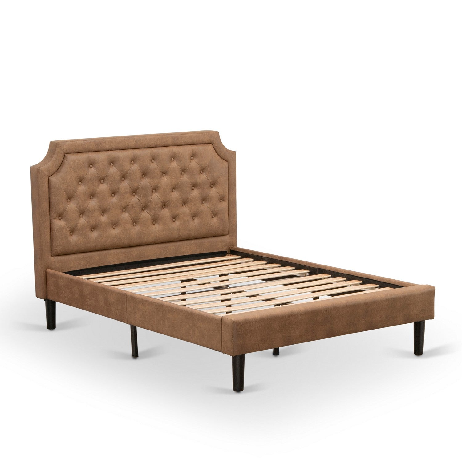 East West Furniture GB28F-1BF07 2-Piece Platform Bedroom Set with Button Tufted Bed Frame and a Distressed Jacobean Mid Century Modern Nightstand - Brown faux Leather with Brown Texture and Black Legs