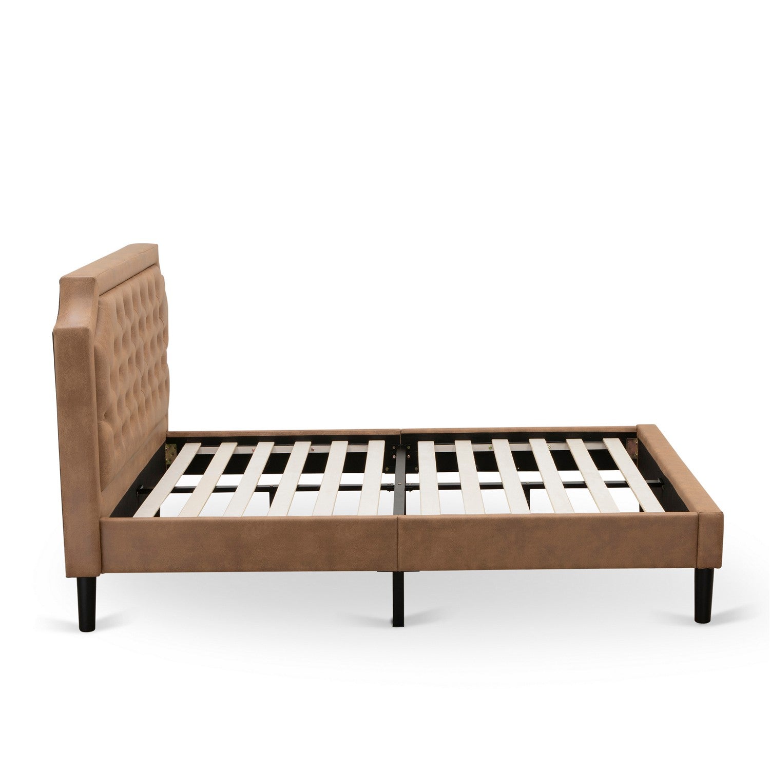East West Furniture GB28F-1HI08 2-Piece Platform Bed Set with Button Tufted Full Size Bed Frame and an Antique Walnut End Table for Bedroom - Brown faux Leather with Brown Texture and Black Legs