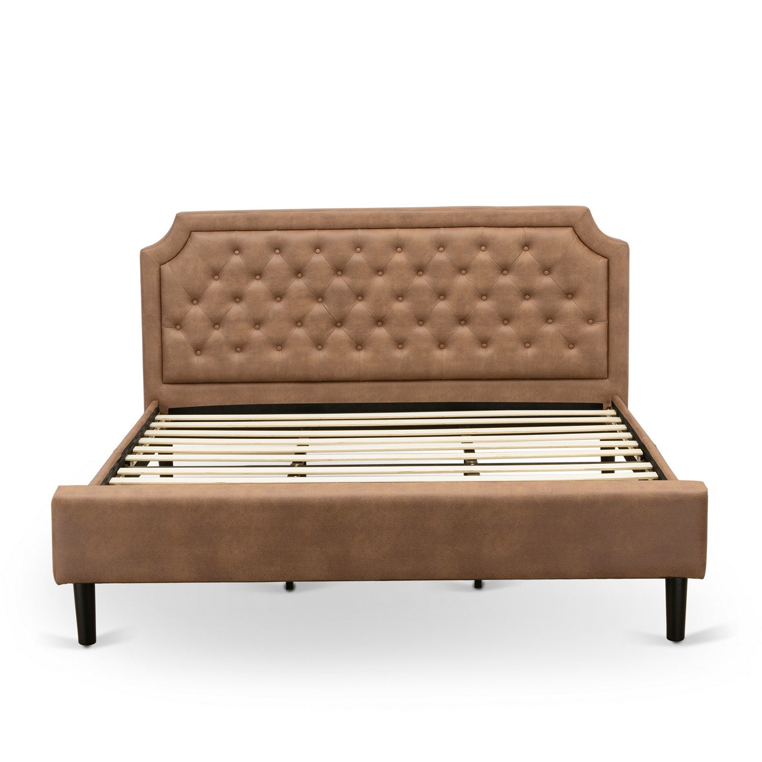 East West Furniture GB28K-1HI0M 2-Piece Granbury Wooden Set for Bedroom with Button Tufted King Bed and 1 Antique Mahogany Bedroom Nightstand - Brown faux Leather with Brown Texture and Black Legs