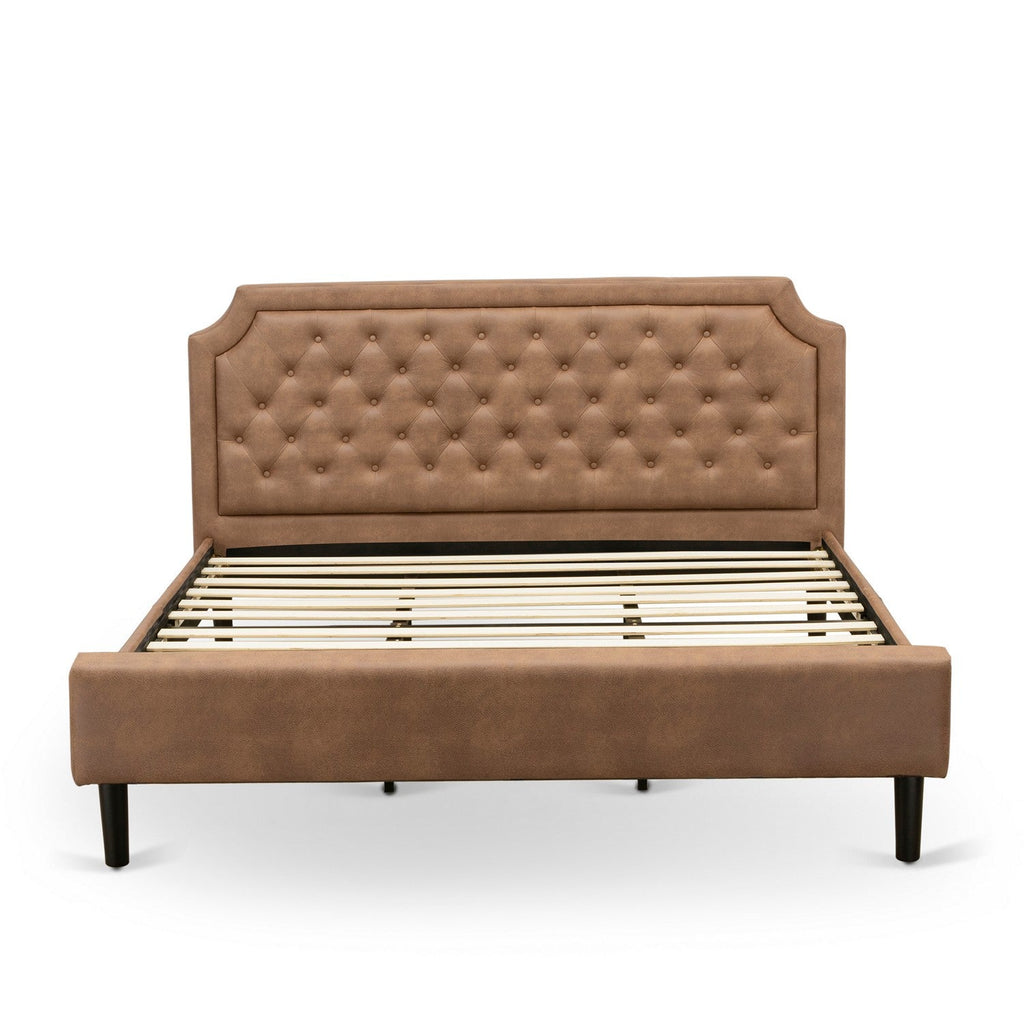 GB28K-2DE07 3-Pc Platform King Size Bed Set with Button Tufted Bed Frame and 2 Distressed Jacobean Mid Century Nightstands - Brown Faux Leather with Brown Texture and Black Legs