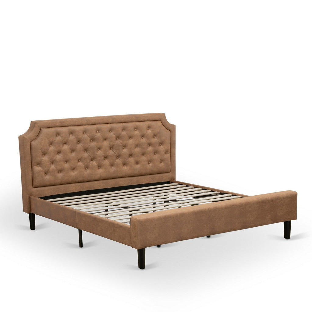 GB28K-2GA07 3-Piece Platform Bed Set with Button Tufted Modern Bed and 2 Distressed Jacobean End Tables - Brown Faux Leather with Brown Texture and Black Legs