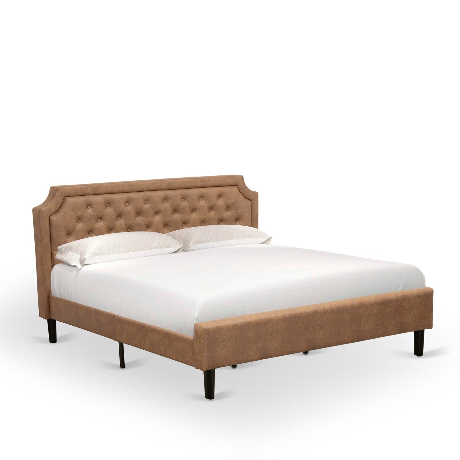 East West Furniture GB28K-2DE07 3-Pc Platform King Size Bed Set with Button Tufted Bed Frame and 2 Distressed Jacobean Mid Century Nightstands - Brown faux Leather with Brown Texture and Black Legs