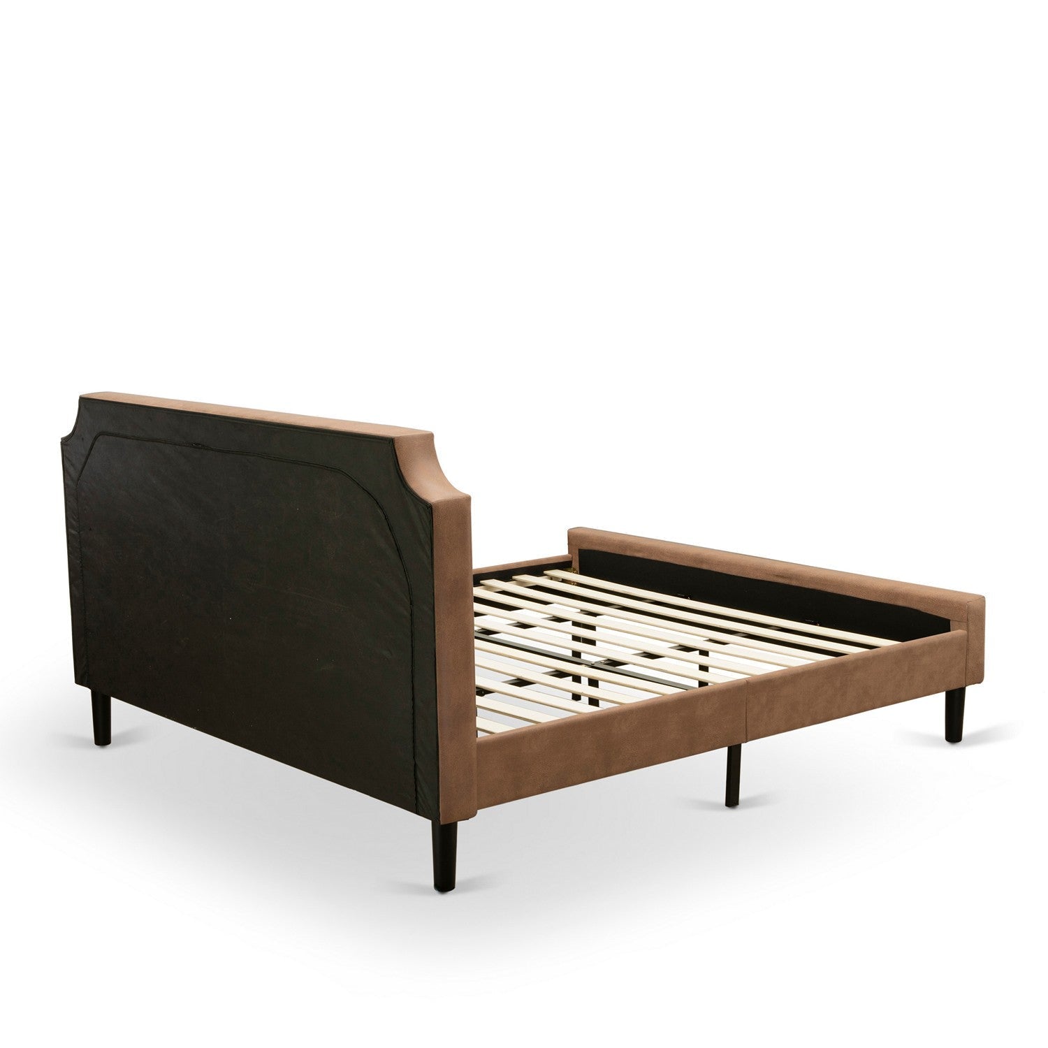 GB28K-1GA07 Juego de dormitorio de dos piezas con plataforma, marco King con botones capitoné y mesa auxiliar con efecto jacobino envejecido - Piel sintética marrón con textura marrón y patas negras