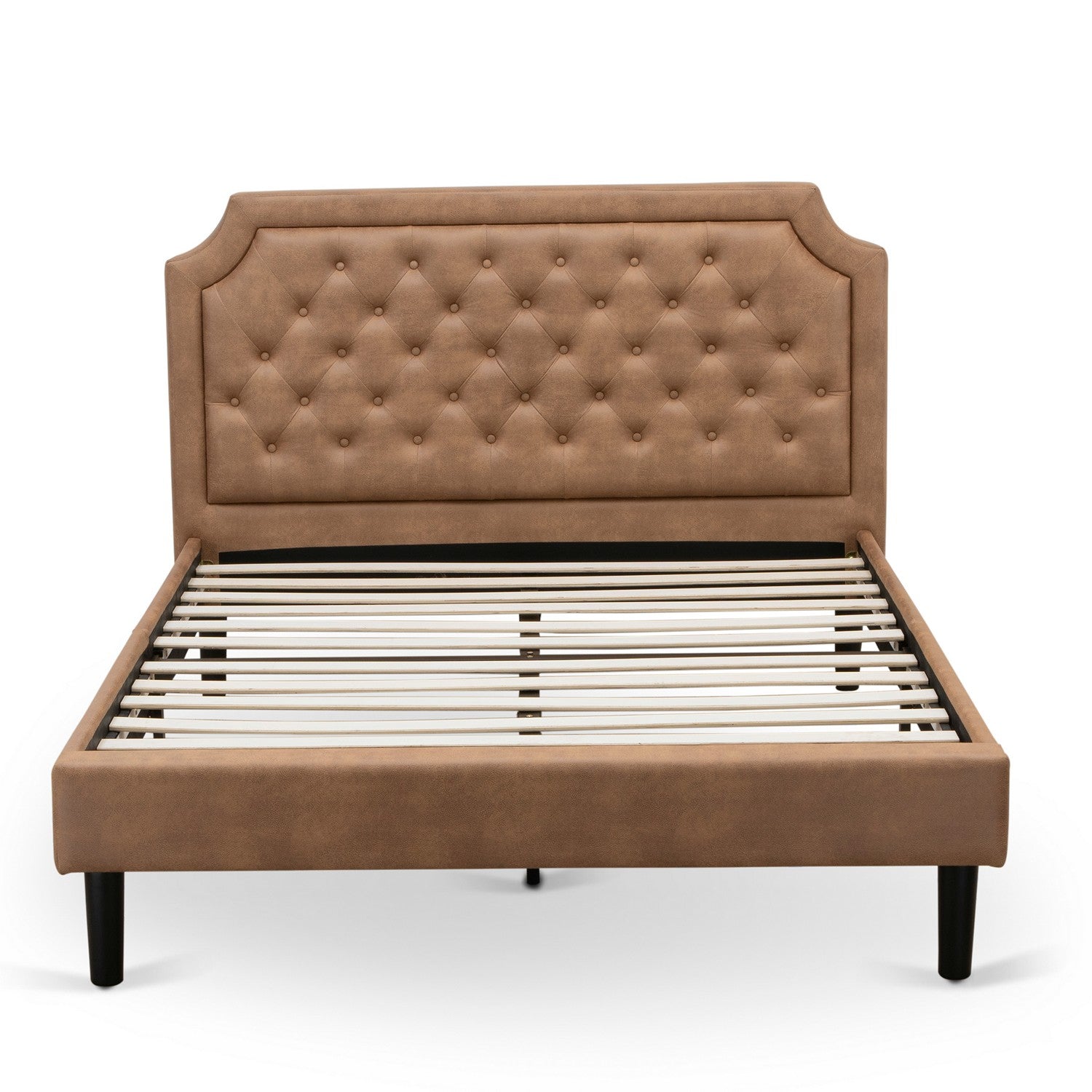 East West Furniture GB28Q-1DE07 2-Piece Platform Bed Set with a Button Tufted Platform Bed and 1 Distressed Jacobean End Table - Brown faux Leather with Brown Texture and Black Legs